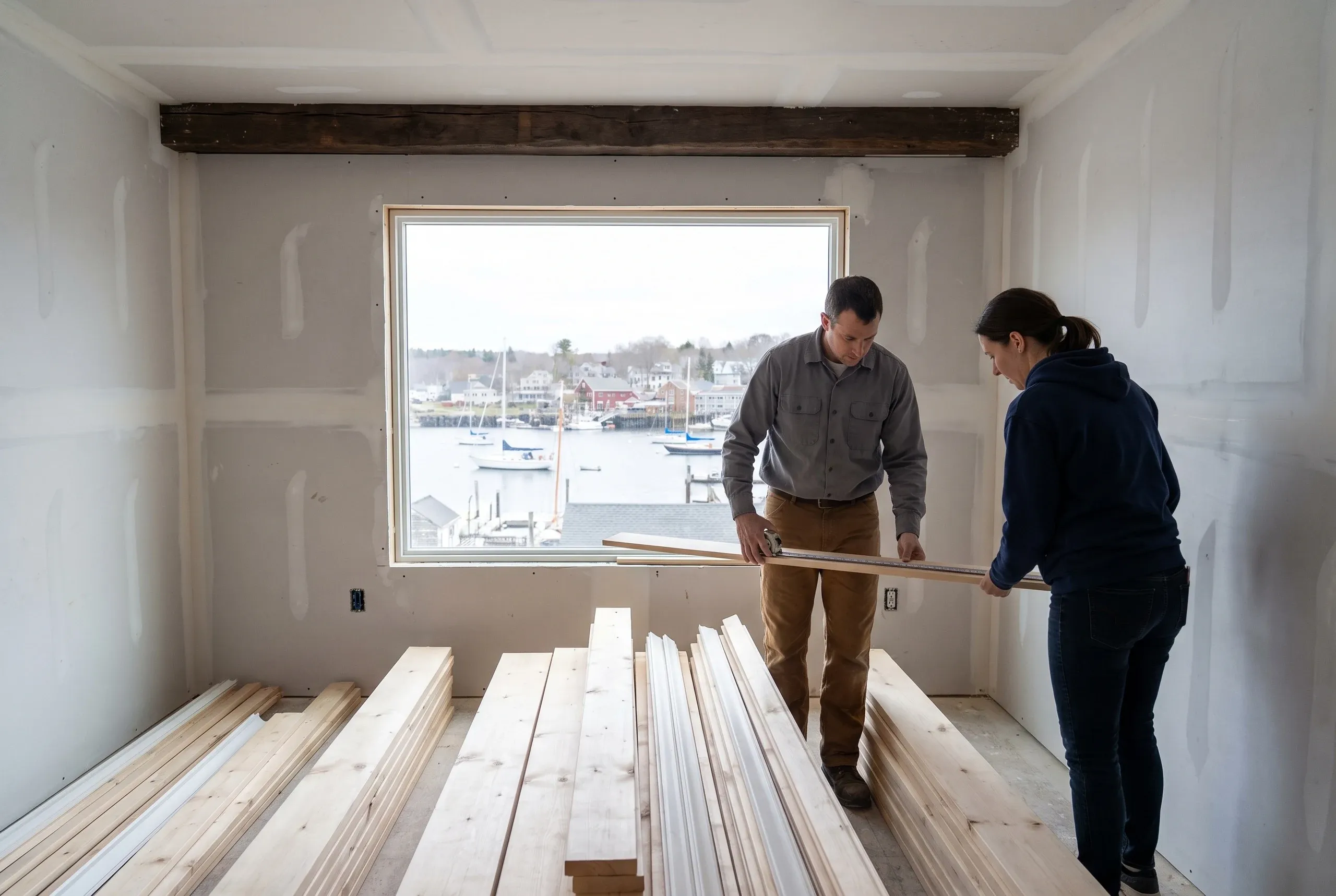 Home remodeling contractor Camden Maine: measuring trim in a room with taped drywall, a rough beam, stacked boards and a harbor view