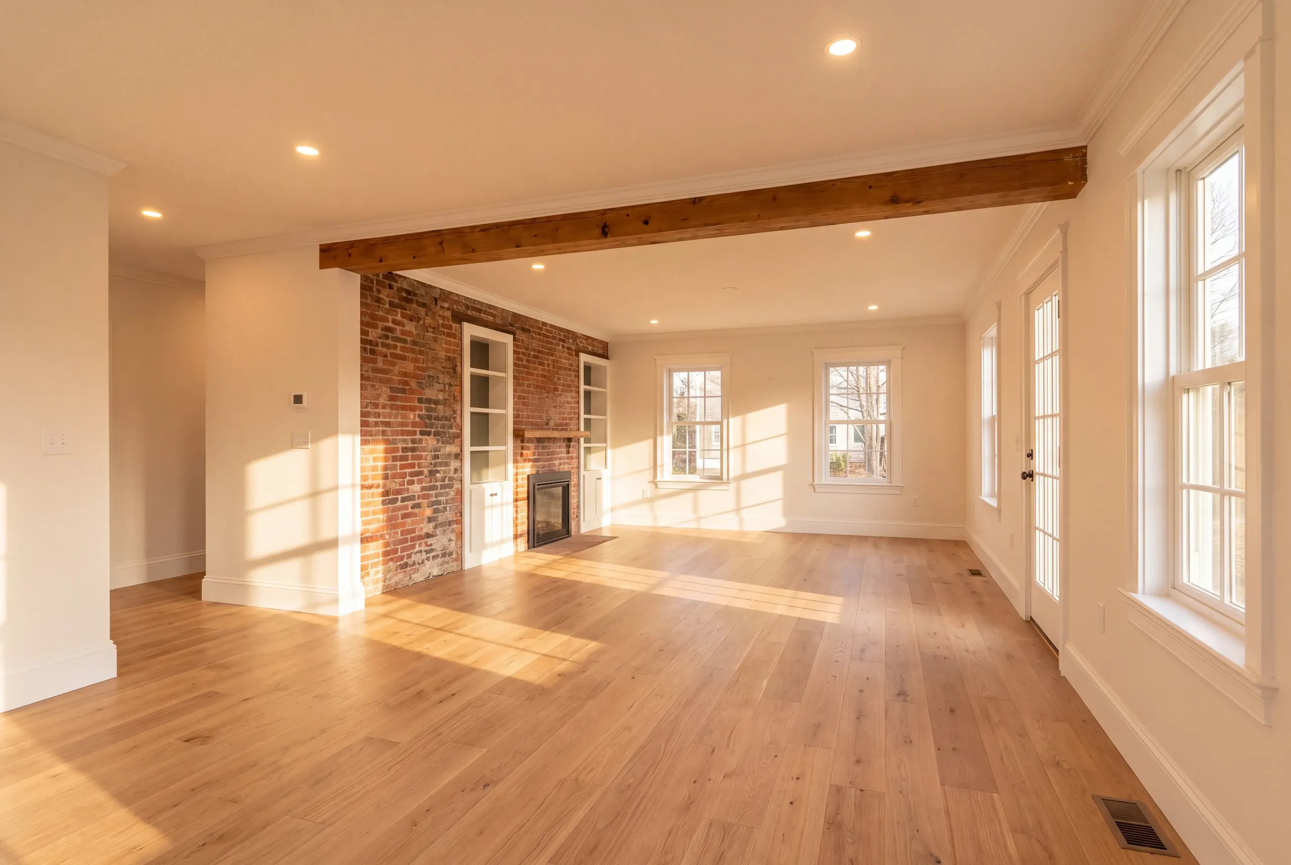 Home remodeling in Damariscotta, ME: open living room with a brick fireplace wall, a natural beam and sunlit oak floor