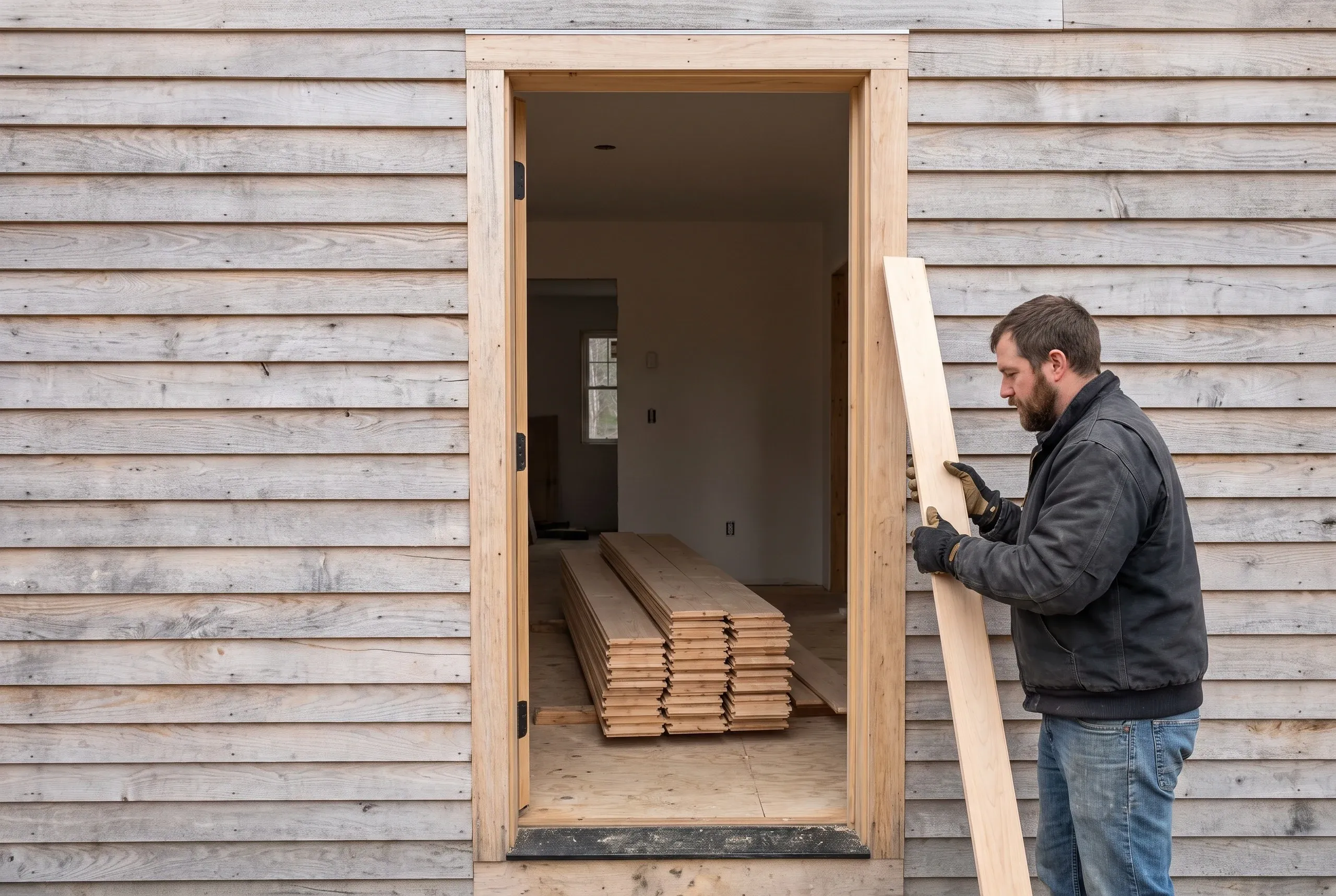 Remodeling company Damariscotta Maine: worker with a pine board beside an open doorway in weathered siding, boards stacked inside