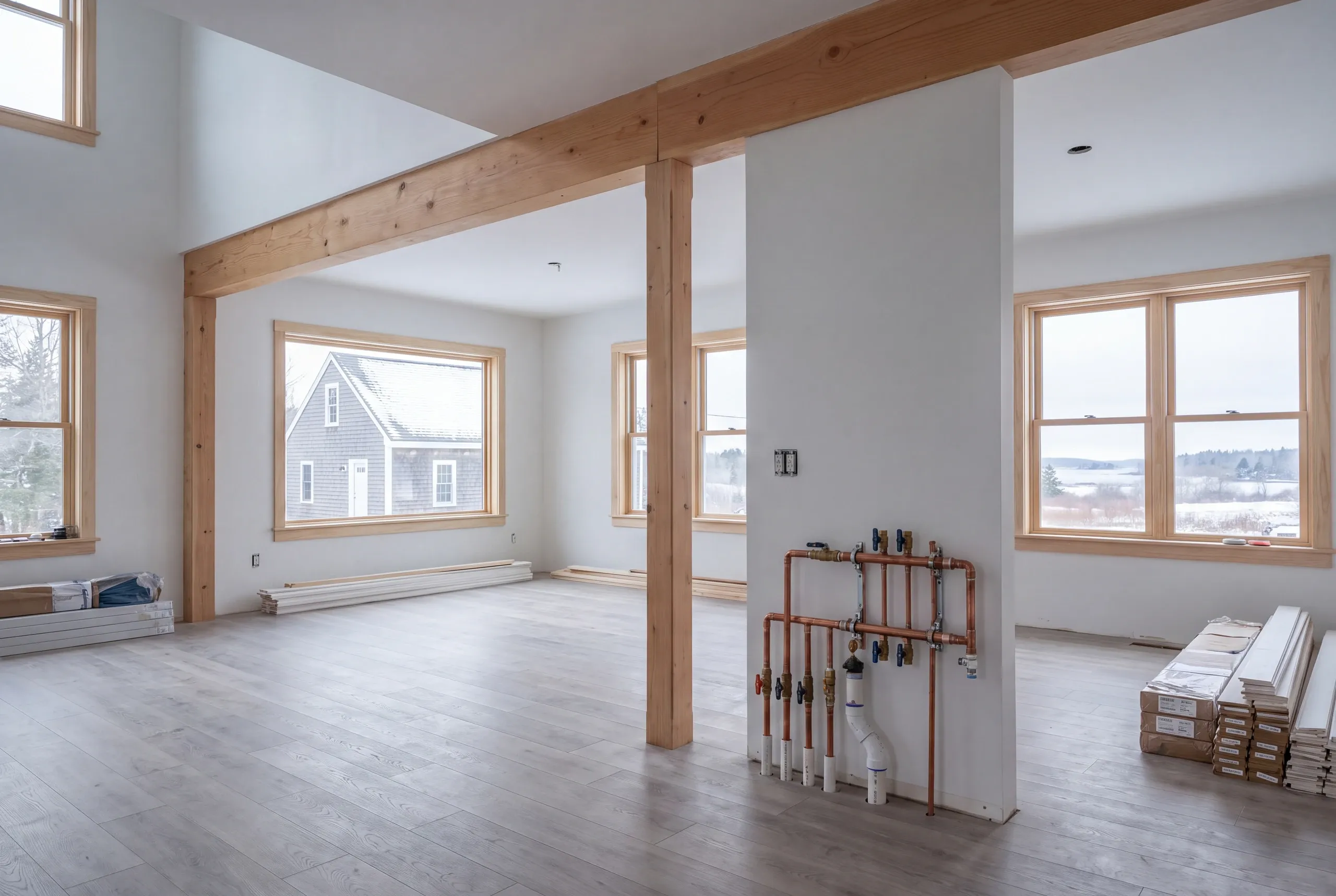 Home remodeling contractor Damariscotta Maine: open room with timber posts and beam, a copper and PEX plumbing manifold and a water view