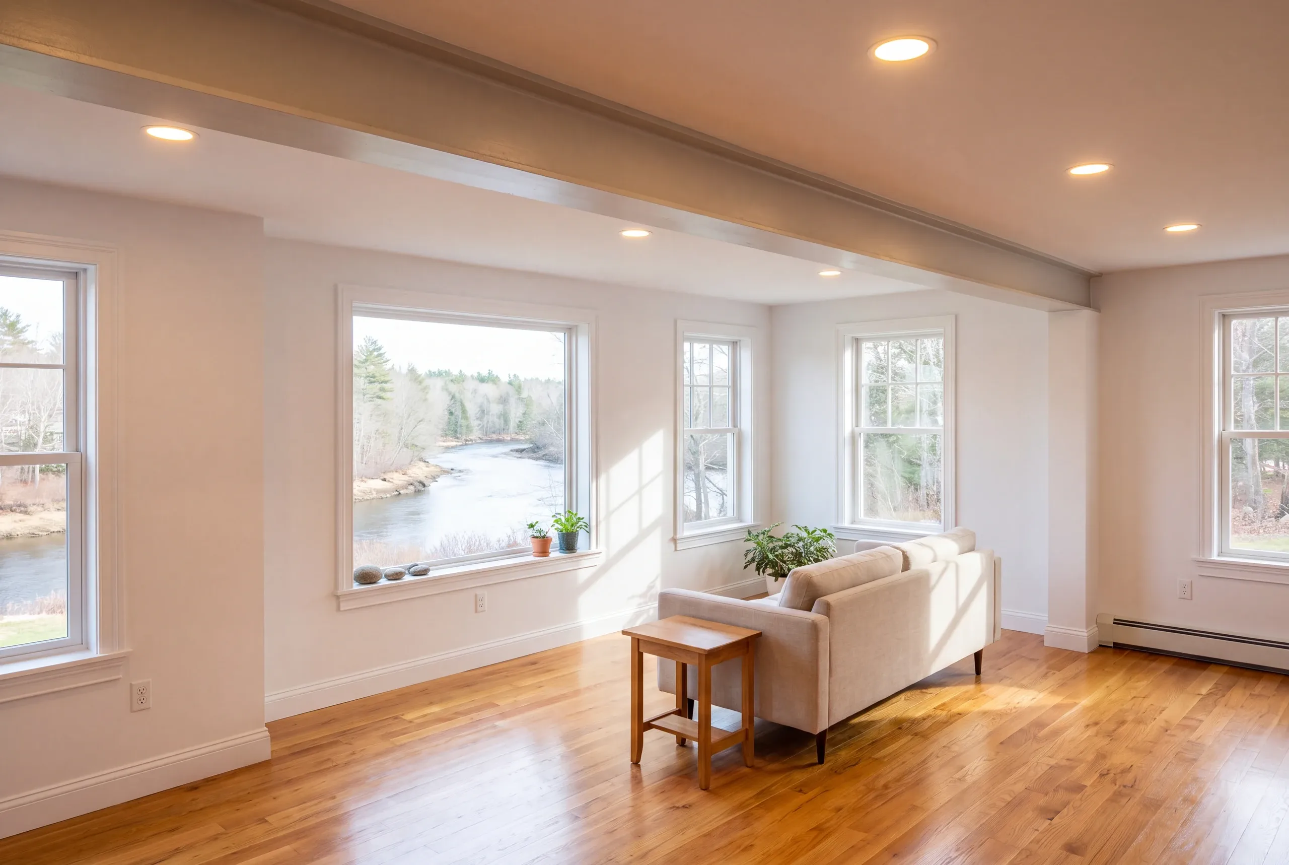 Home renovation contractor Damariscotta Maine: living room with a beam, a linen sofa and a picture window over a river