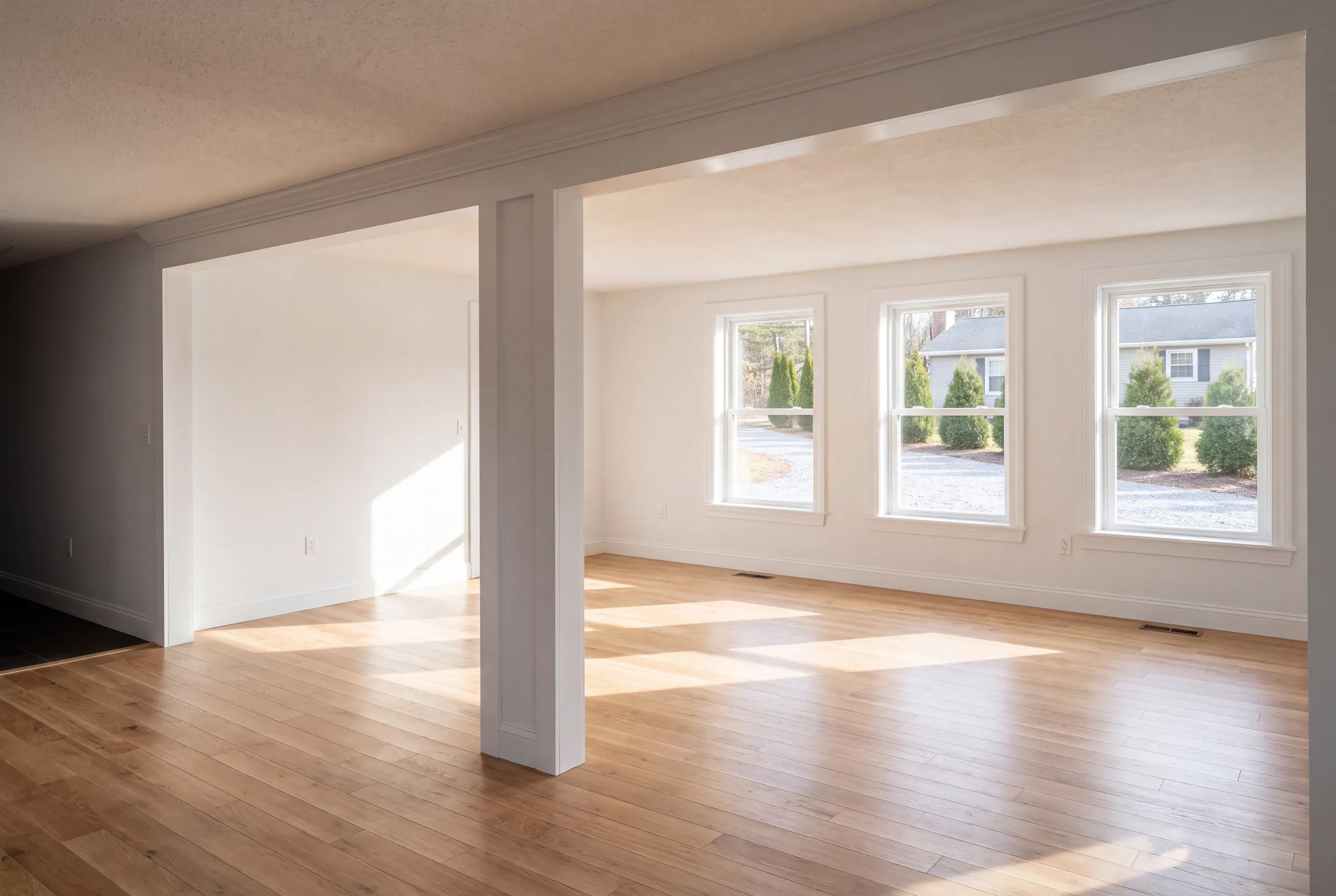 Remodeling company Fairfield Maine: bright empty room with a square white post and windows looking out to a yard