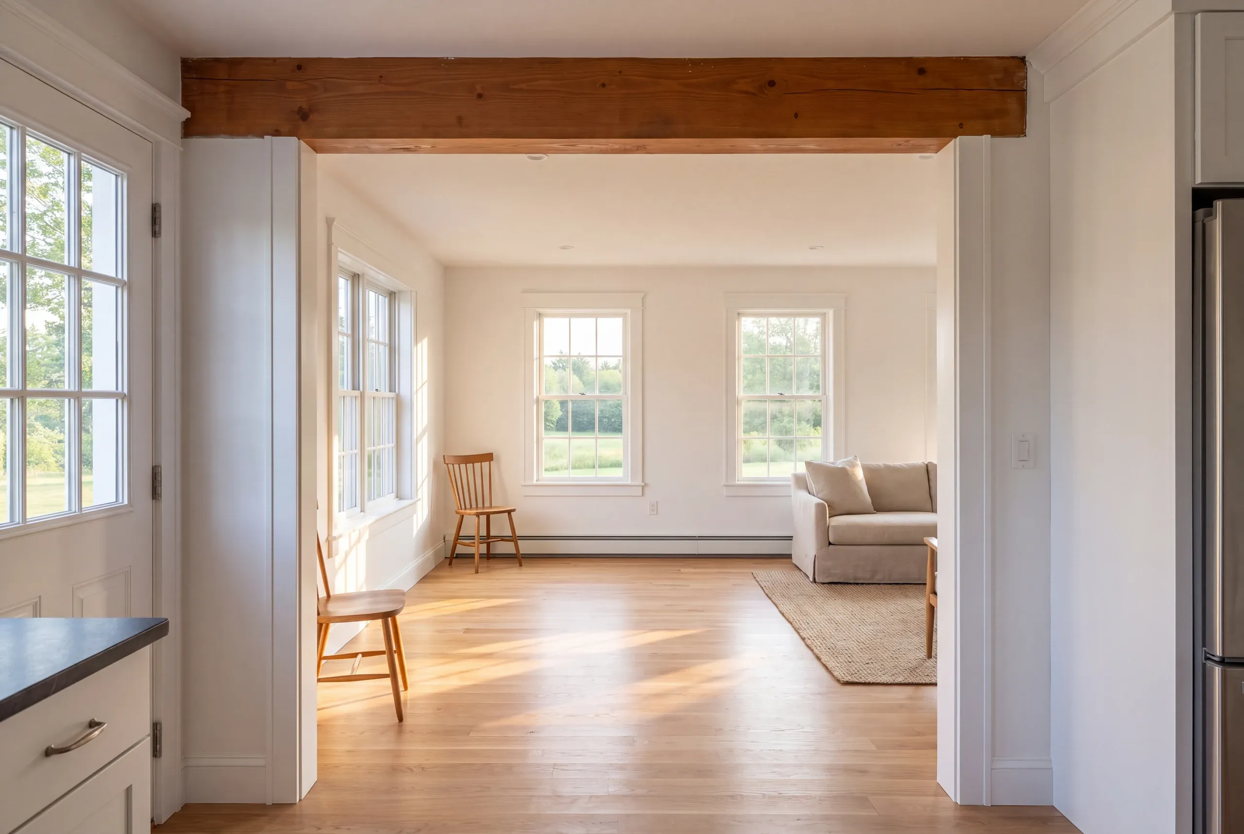 Remodeling company Gardiner Maine: natural beam over an opening from the kitchen into a sunlit sitting room