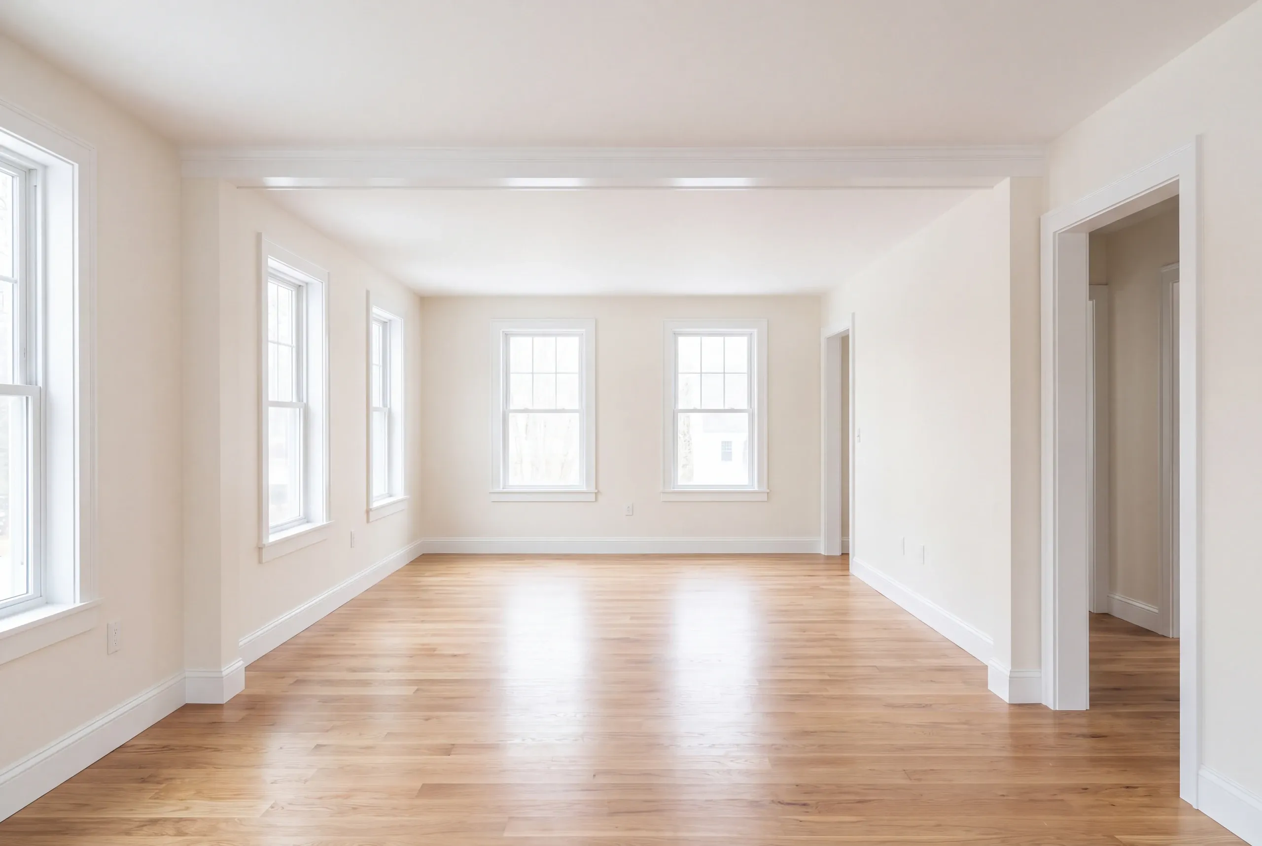 Home remodeling: long empty white room with plain cased openings, side windows and oak flooring