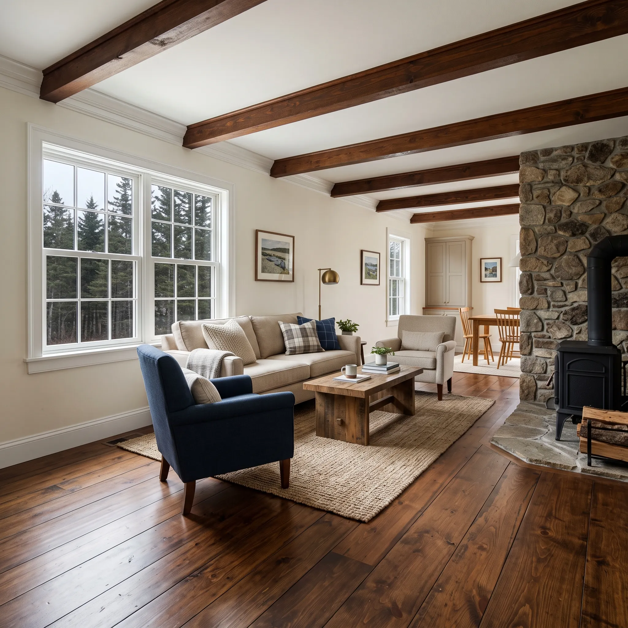 Remodeling company Midcoast Maine: living room with dark ceiling beams, wide plank floors and a fieldstone woodstove wall