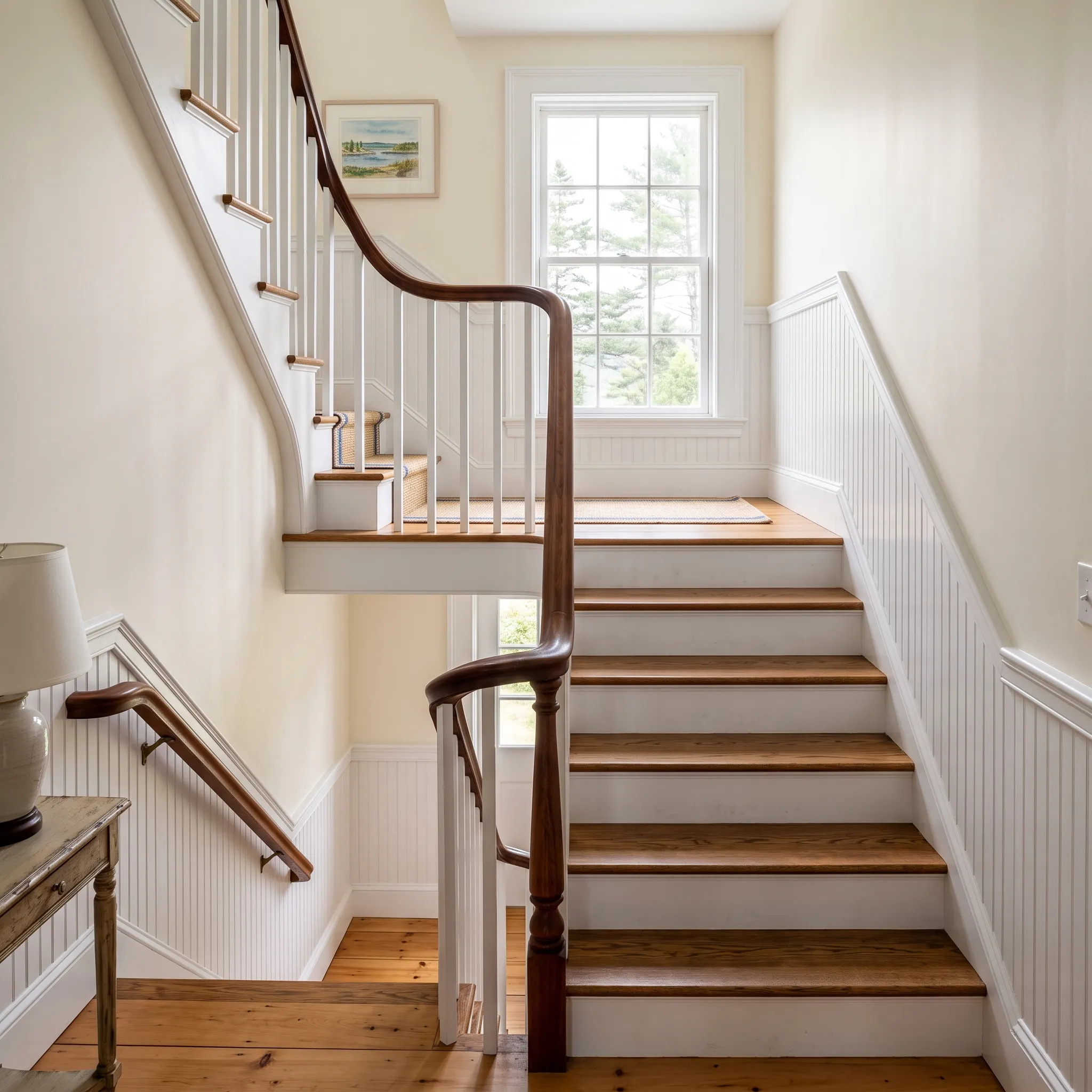 Home remodeling contractor Midcoast Maine: stair hall with a curved dark handrail, white balusters and beadboard wainscot