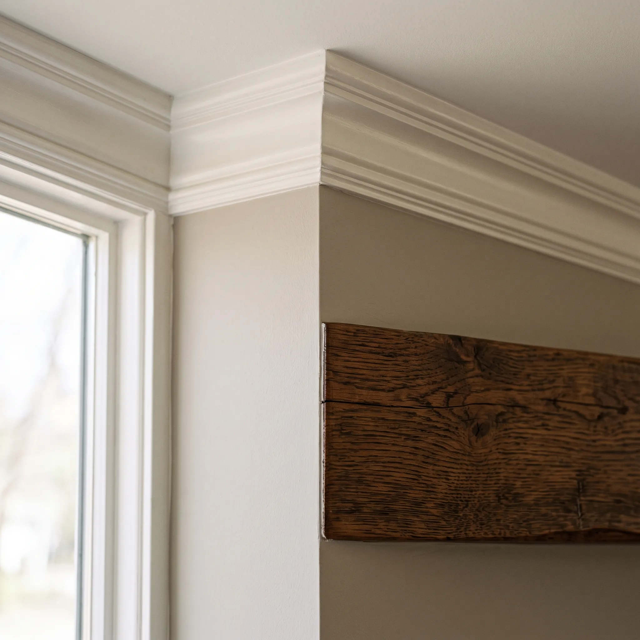 Home renovation contractor Midcoast Maine: crown molding wrapping a wall corner beside a window casing and a rough oak beam