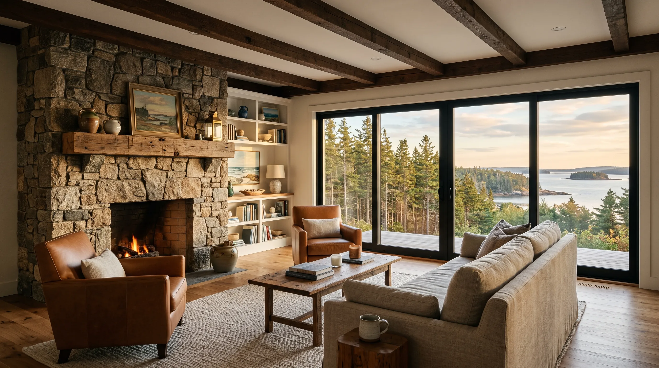 Remodeling company Midcoast Maine: living room with a fieldstone fireplace, dark beams, leather chairs and glass doors to water