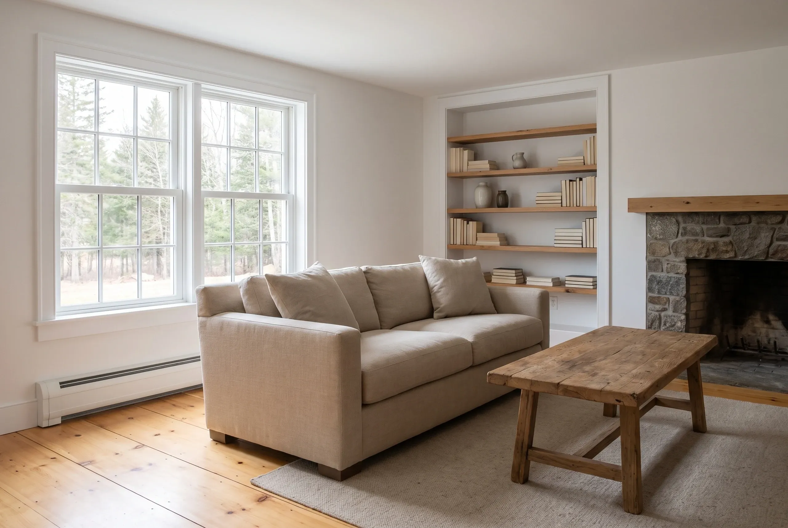 Remodeling company Lincolnville Maine: living room with built-in wood shelves in a wall niche, a stone fireplace and wide pine floors