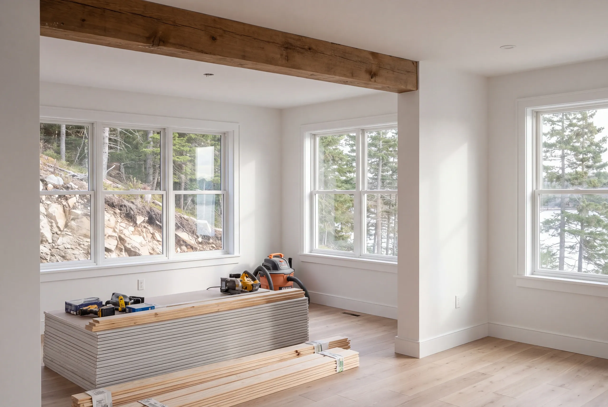 Home remodeling contractor Lincolnville Maine: room with a rough beam, drywall stack, lumber and tools, windows onto a rocky slope