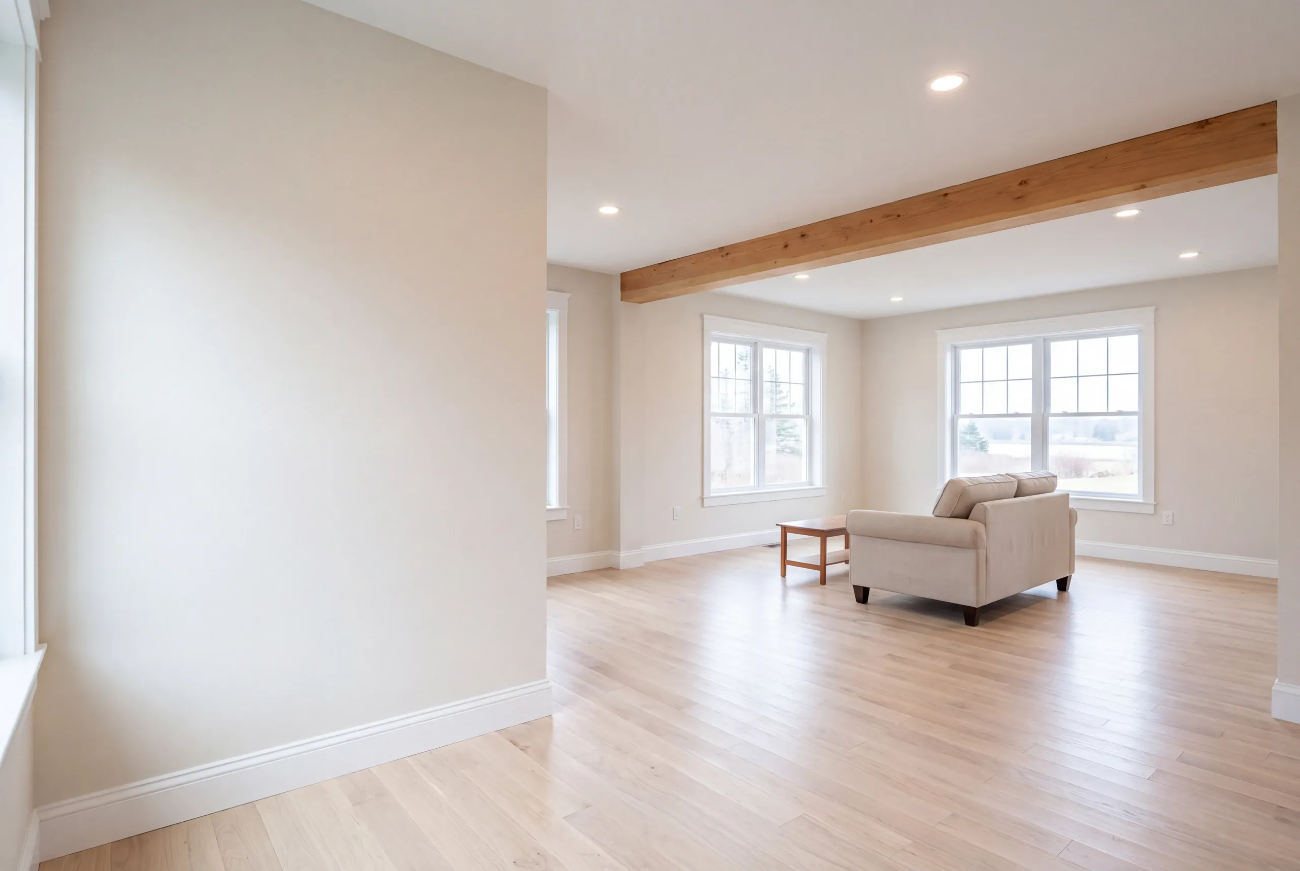 Home renovation contractor Lincolnville Maine: living room with a natural beam, a cream armchair, small table and double windows