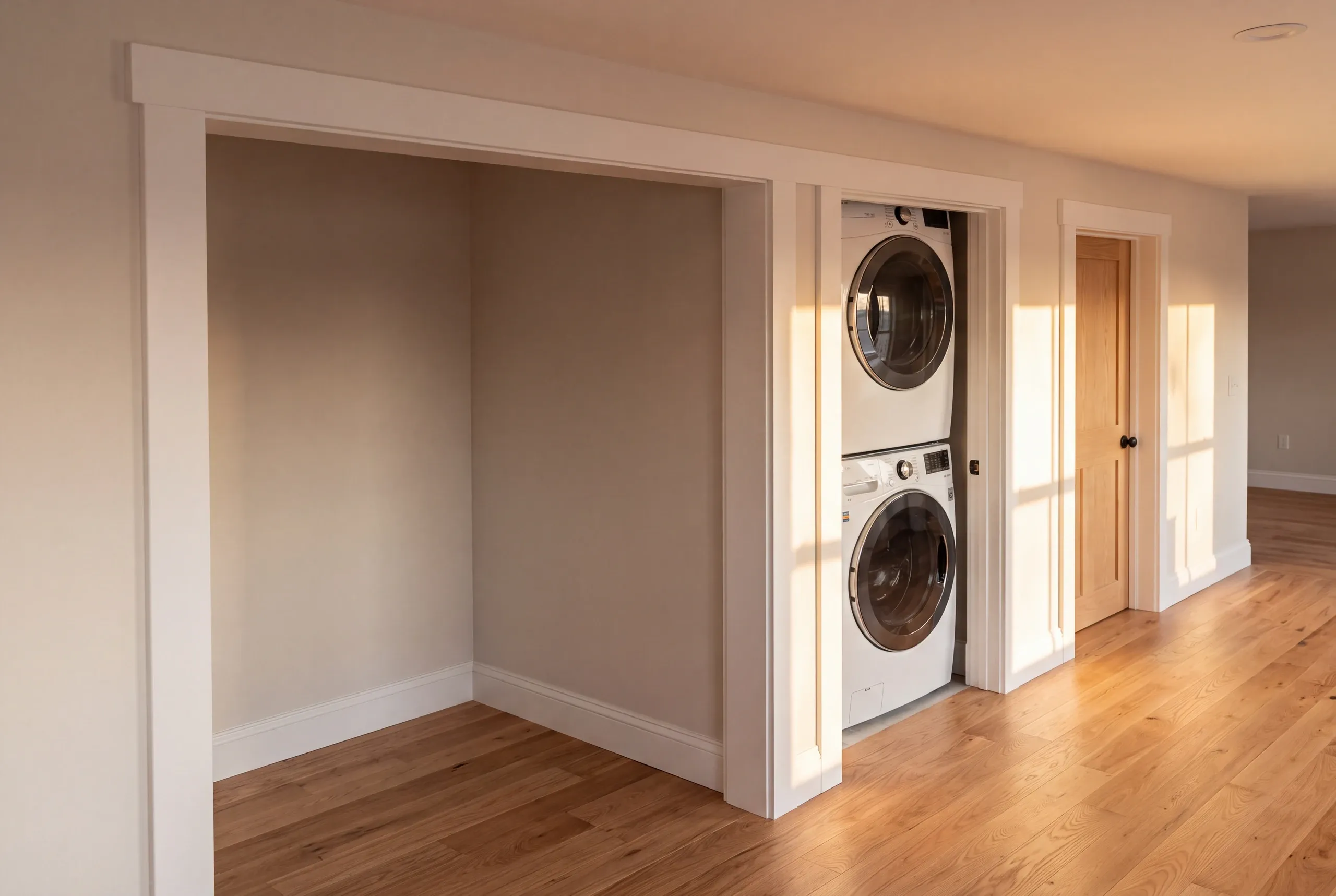 Home renovation contractor Pittsfield Maine: stacked washer and dryer in a cased closet beside an empty alcove