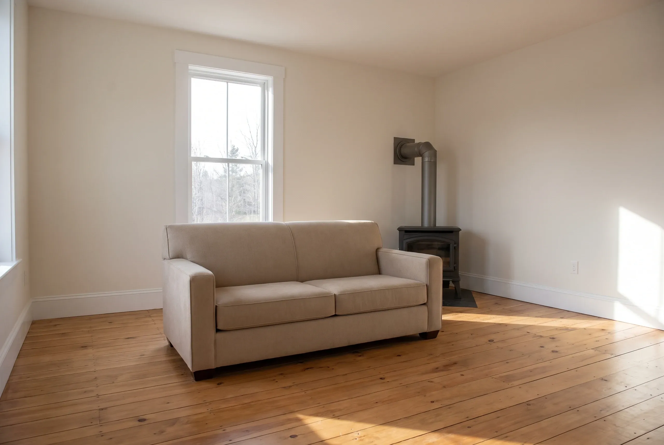Remodeling company Pittsfield Maine: remodeled sitting room with timber beams, triple window, stone fireplace surround and pine plank floor.