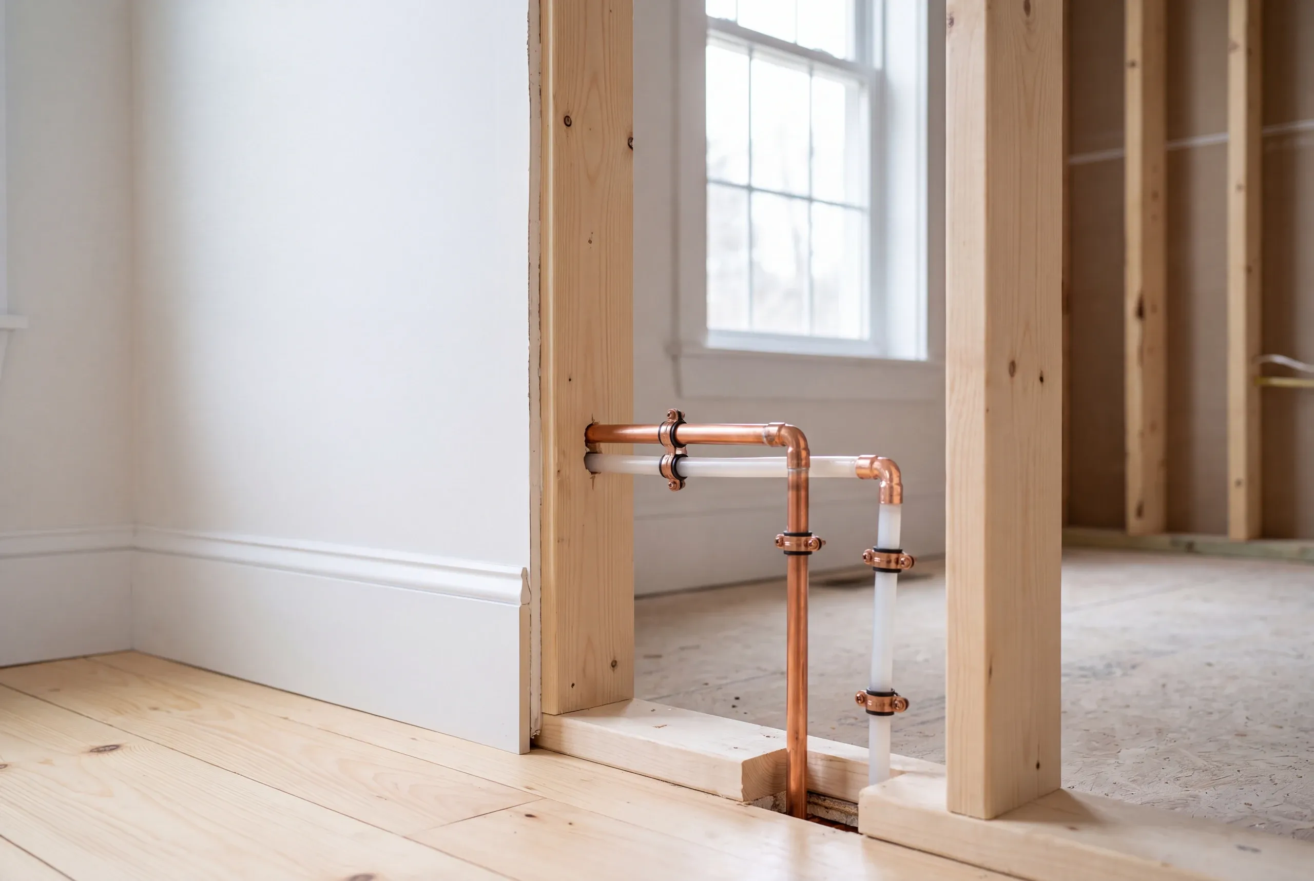 Home renovation contractor Pittston Maine: new stud wall with copper and PEX supply lines rising through the subfloor