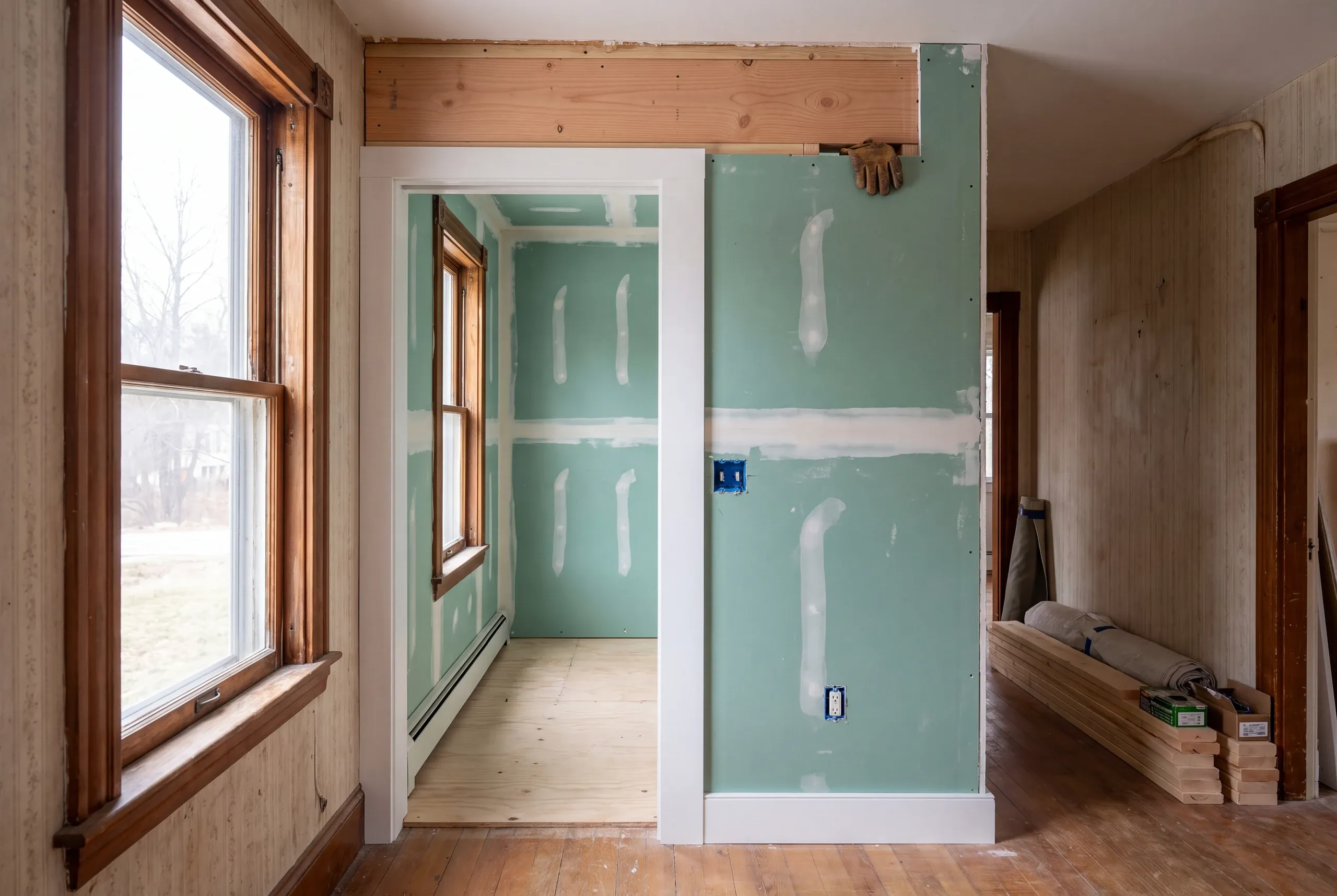 Home remodeling contractor Pittston Maine: half-finished room with green moisture-resistant drywall, old wood paneling and new header