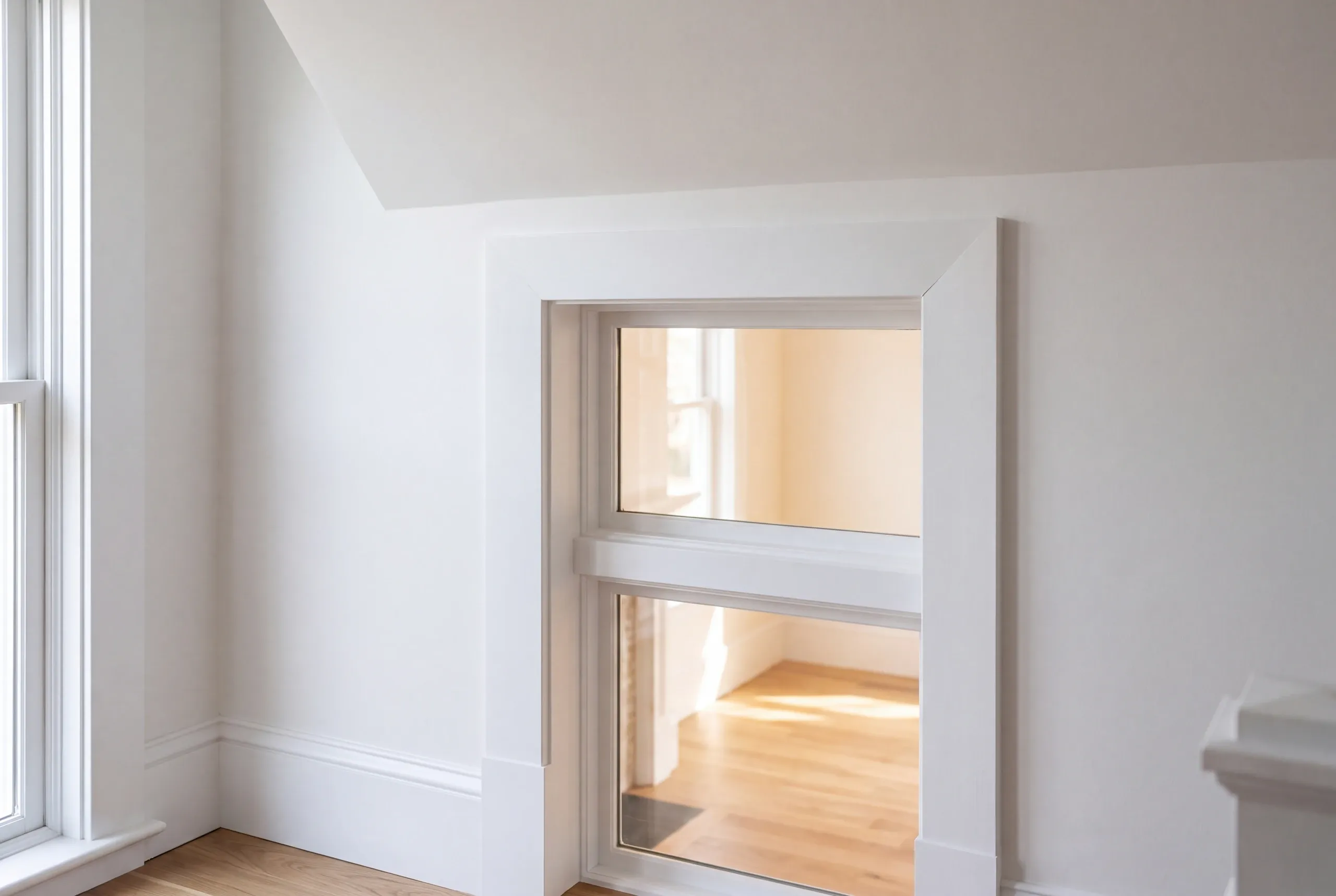 Home renovation contractor Rockland Maine: interior window set low in a sloped-ceiling wall, looking into a sunlit room