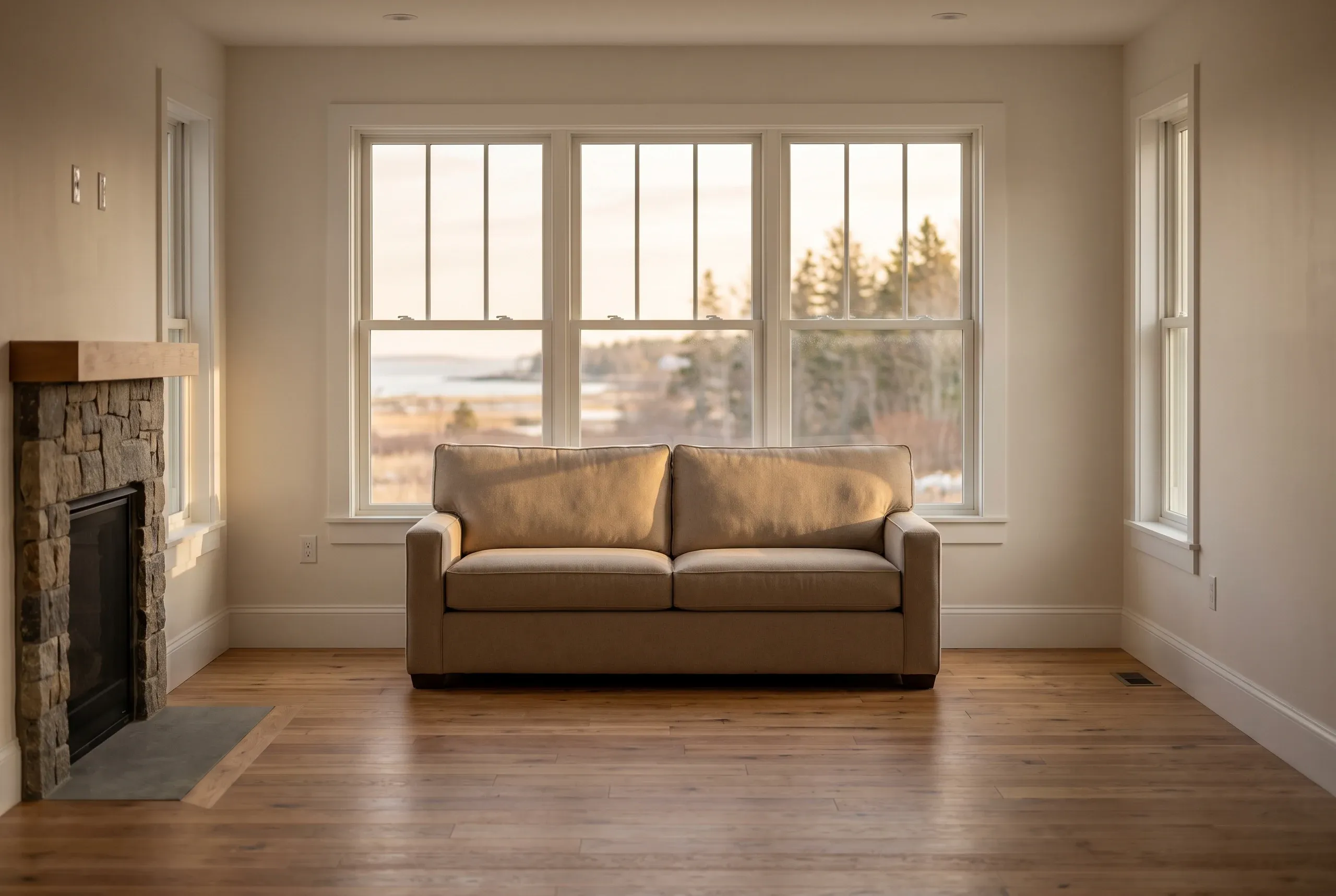 Home remodeling contractor Rockland Maine: remodeled sitting room with three windows, timber ceiling beams and refinished pine floor by a small cape.