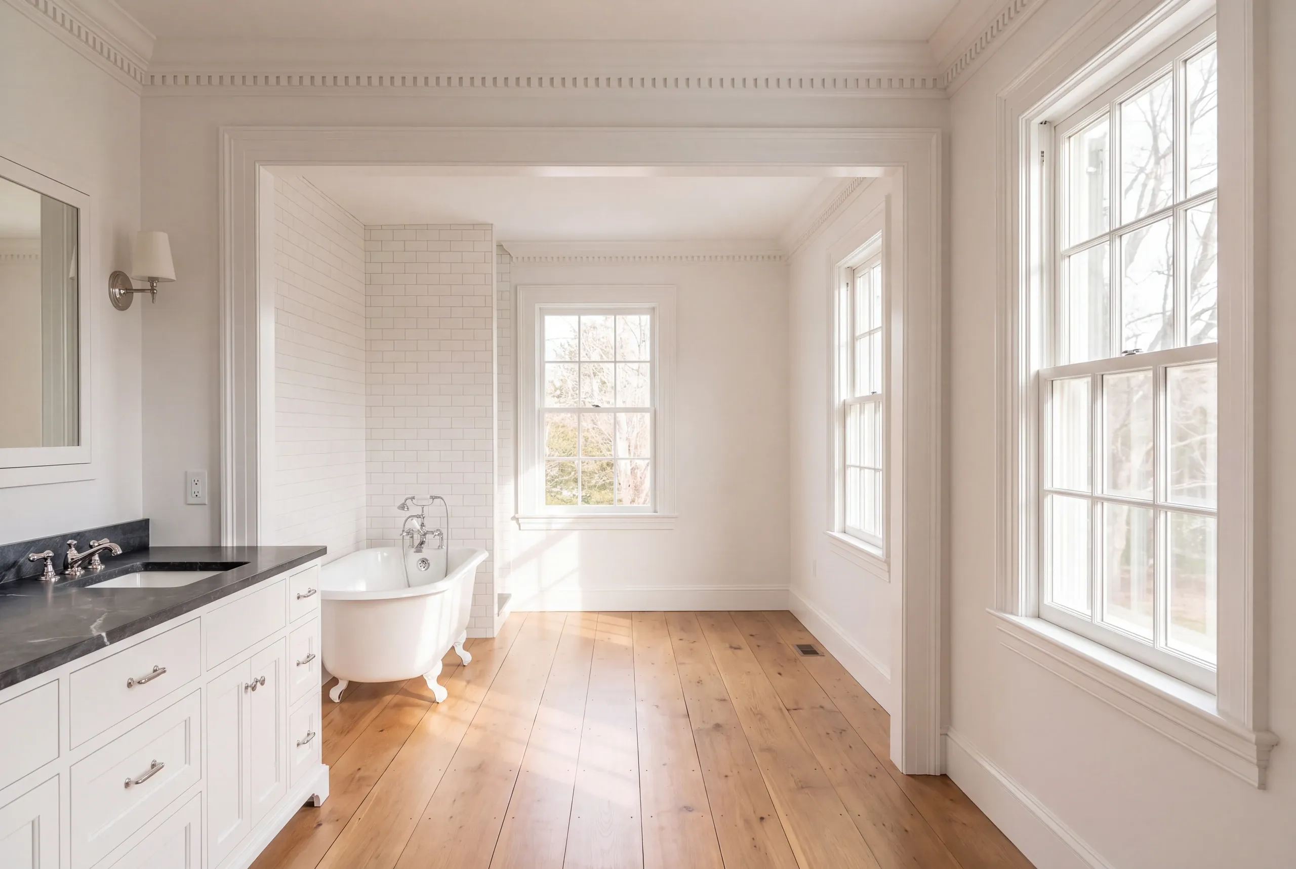 Home remodeling in Rockport, ME fitting a bathroom into a formal Greek Revival plan