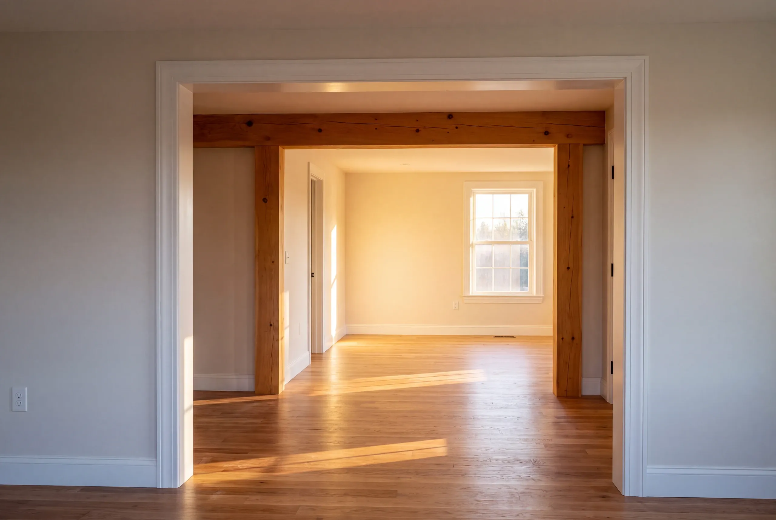Home remodeling contractor Searsmont Maine: widened opening with a natural timber post and beam inside white casing