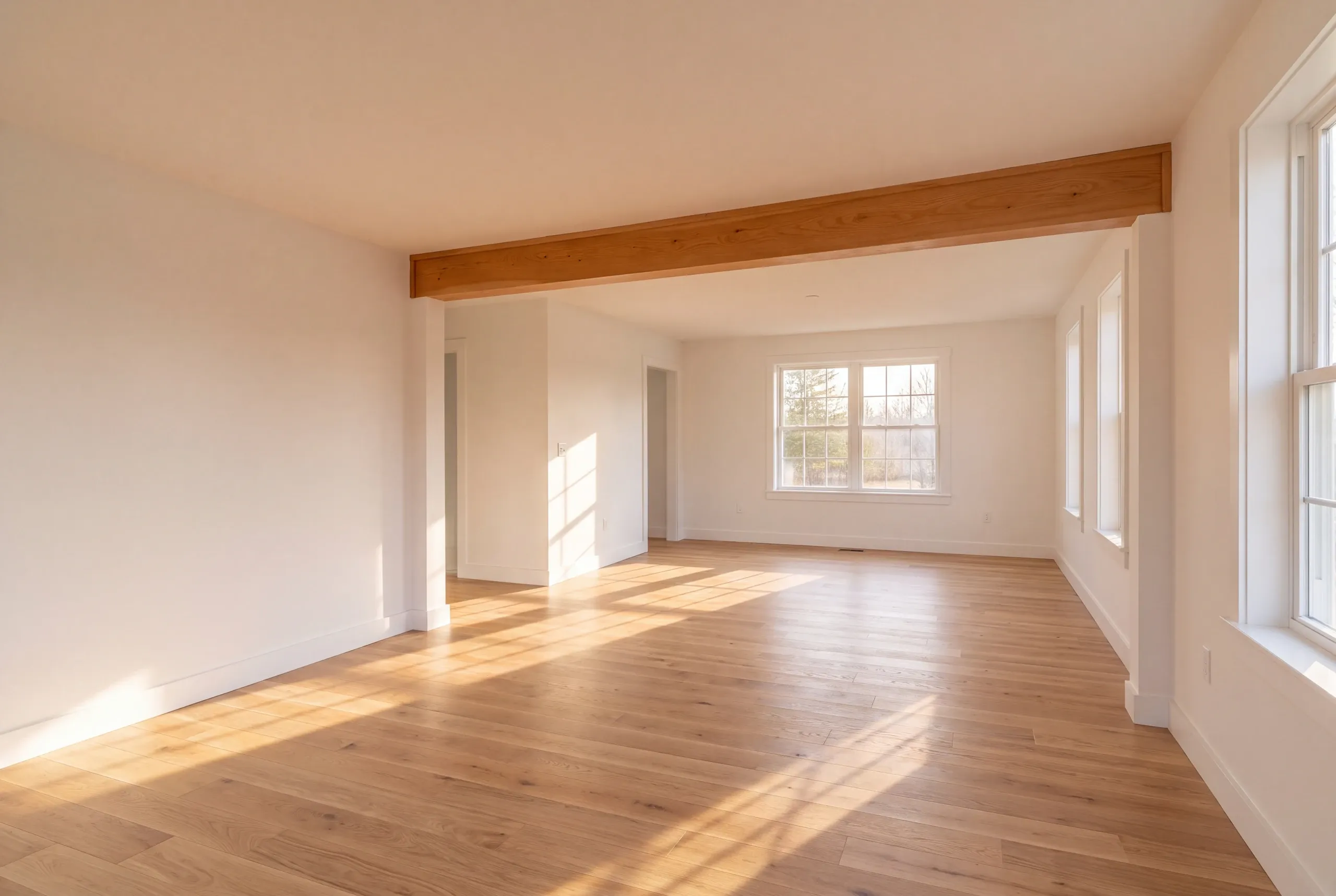 Home renovation contractor Searsmont Maine: sunny empty room with a natural beam and a cased opening to a back room