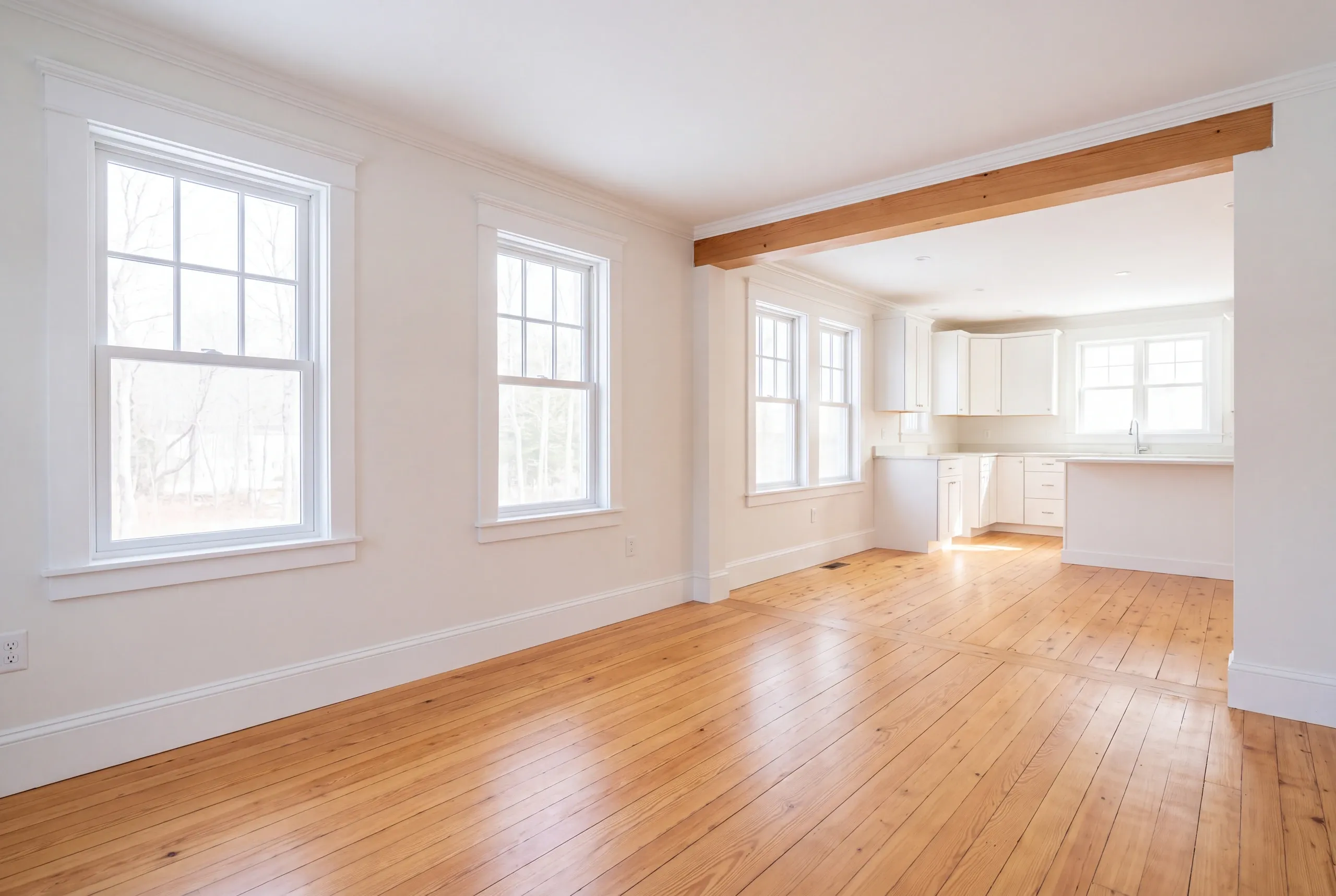 Home remodeling in Thomaston, ME: empty living room with wide pine floorboards and a wood beam opening to a white kitchen