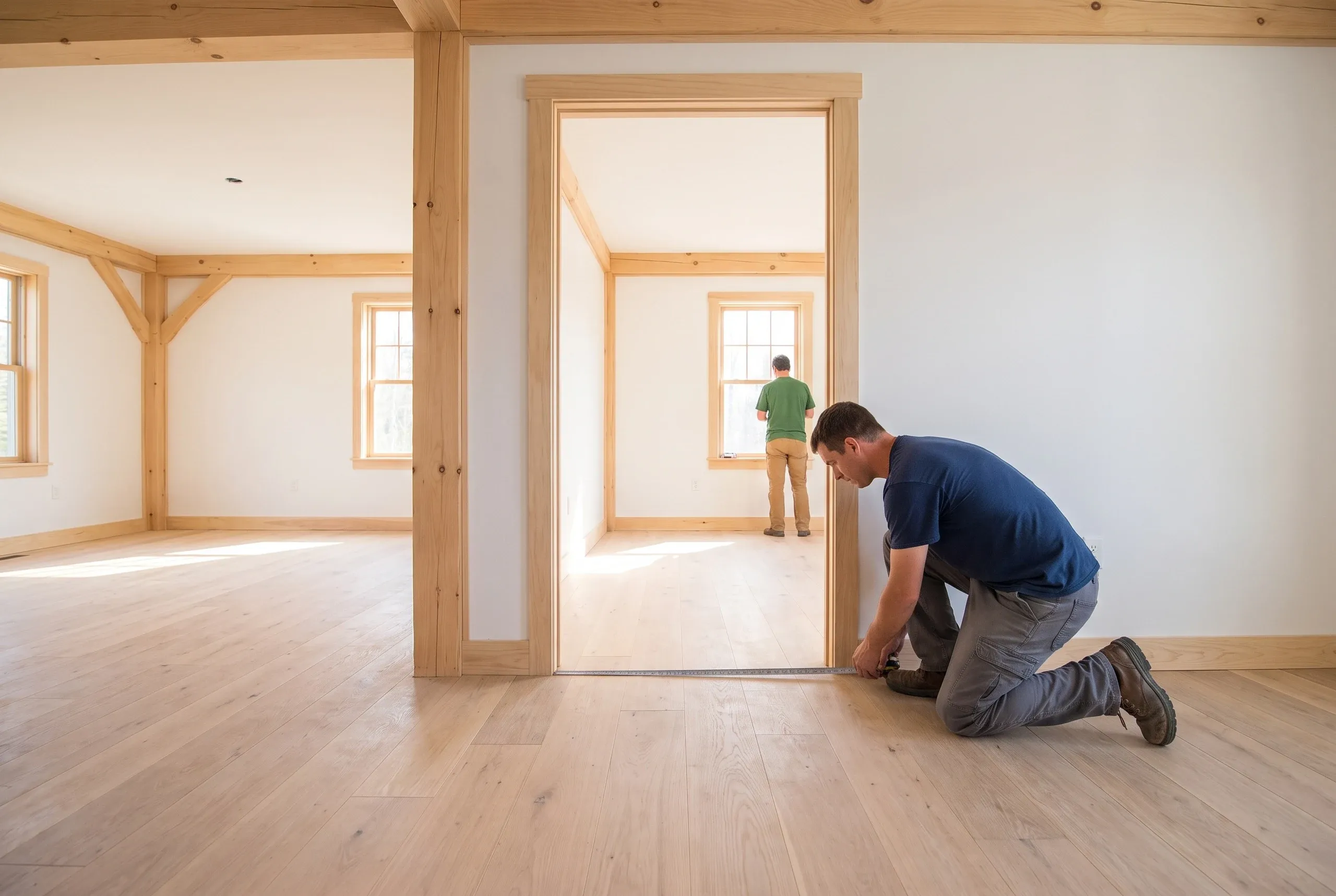 Home renovation contractor Thomaston Maine: worker measuring a cased doorway on new wide oak floors between bright white rooms