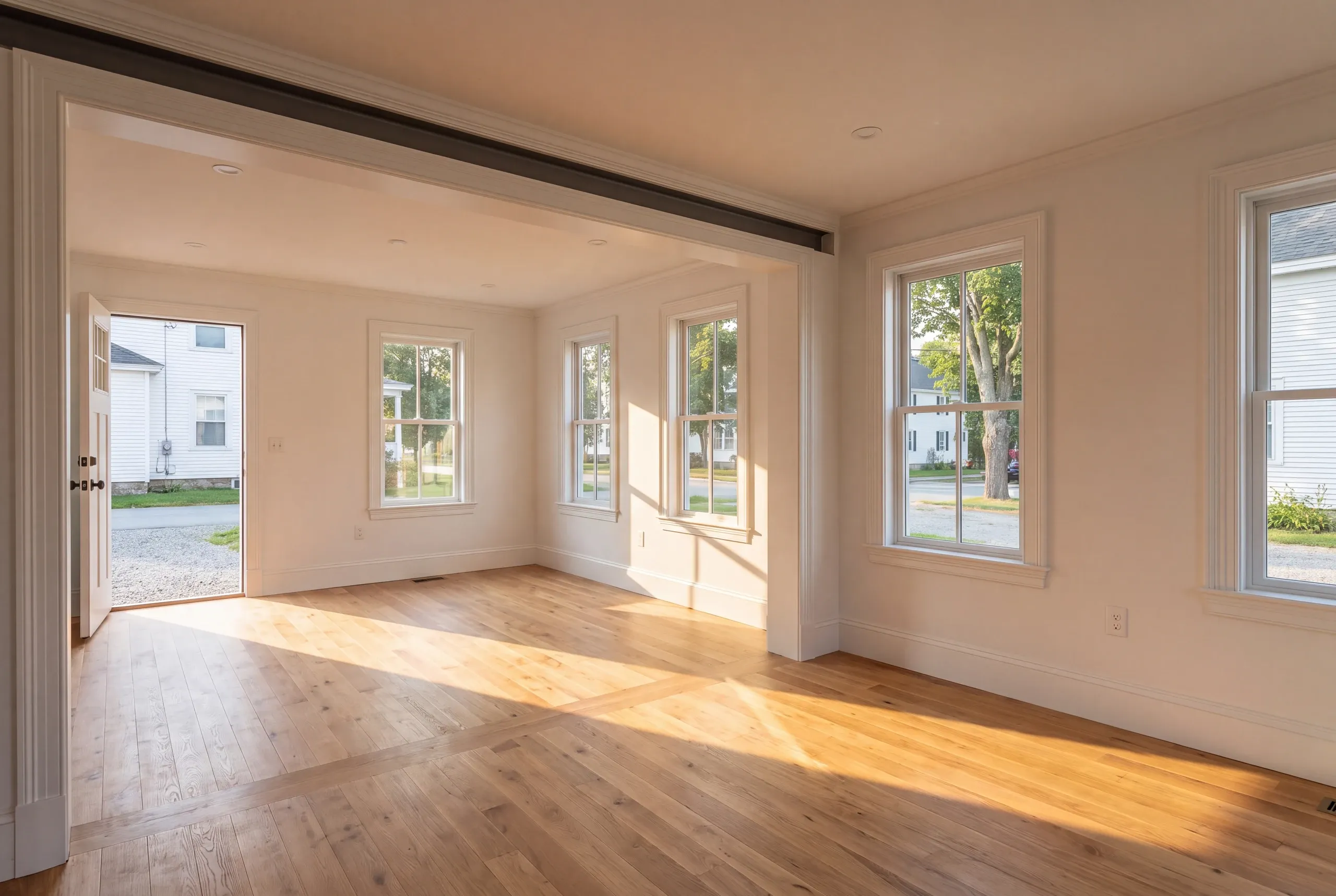 Remodeling company Thomaston Maine: sunlit empty room with a wide plank floor, black steel header bar and an open front door