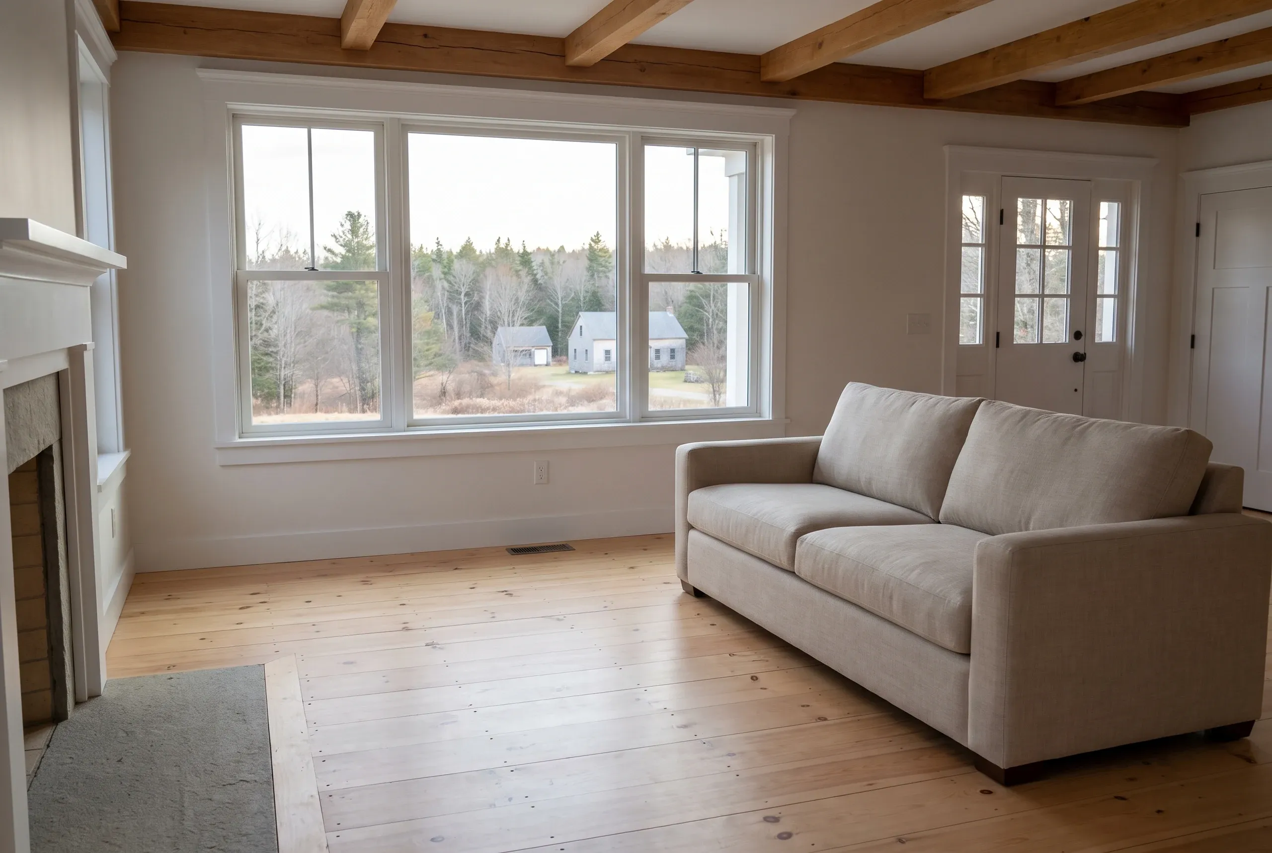 Home remodeling contractor Thomaston Maine: remodeled great room with exposed timber posts and beams on a refinished pine plank floor.