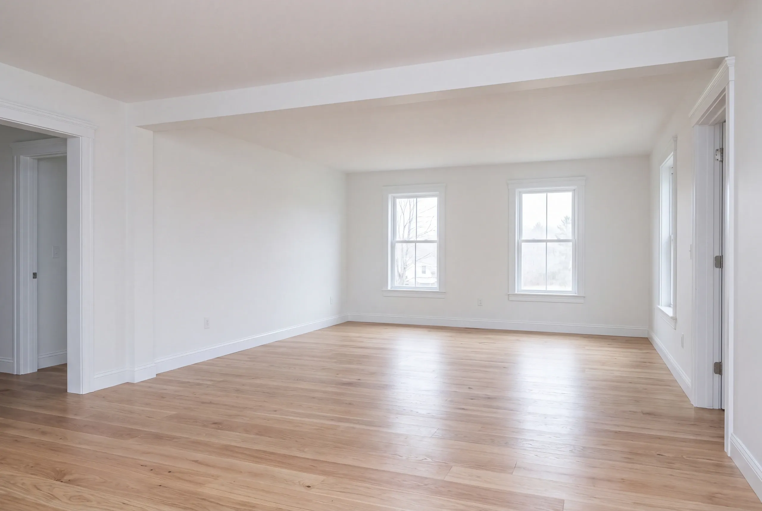 Home renovation contractor Thomaston Maine: empty finished room with light oak flooring, white walls and a cased opening to the next room