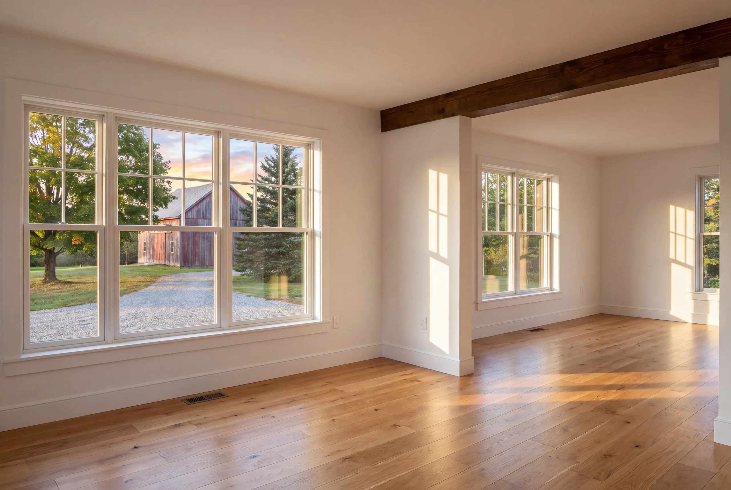 Remodeling company Waldoboro Maine: empty room with a dark wood beam and triple window looking out to a red barn