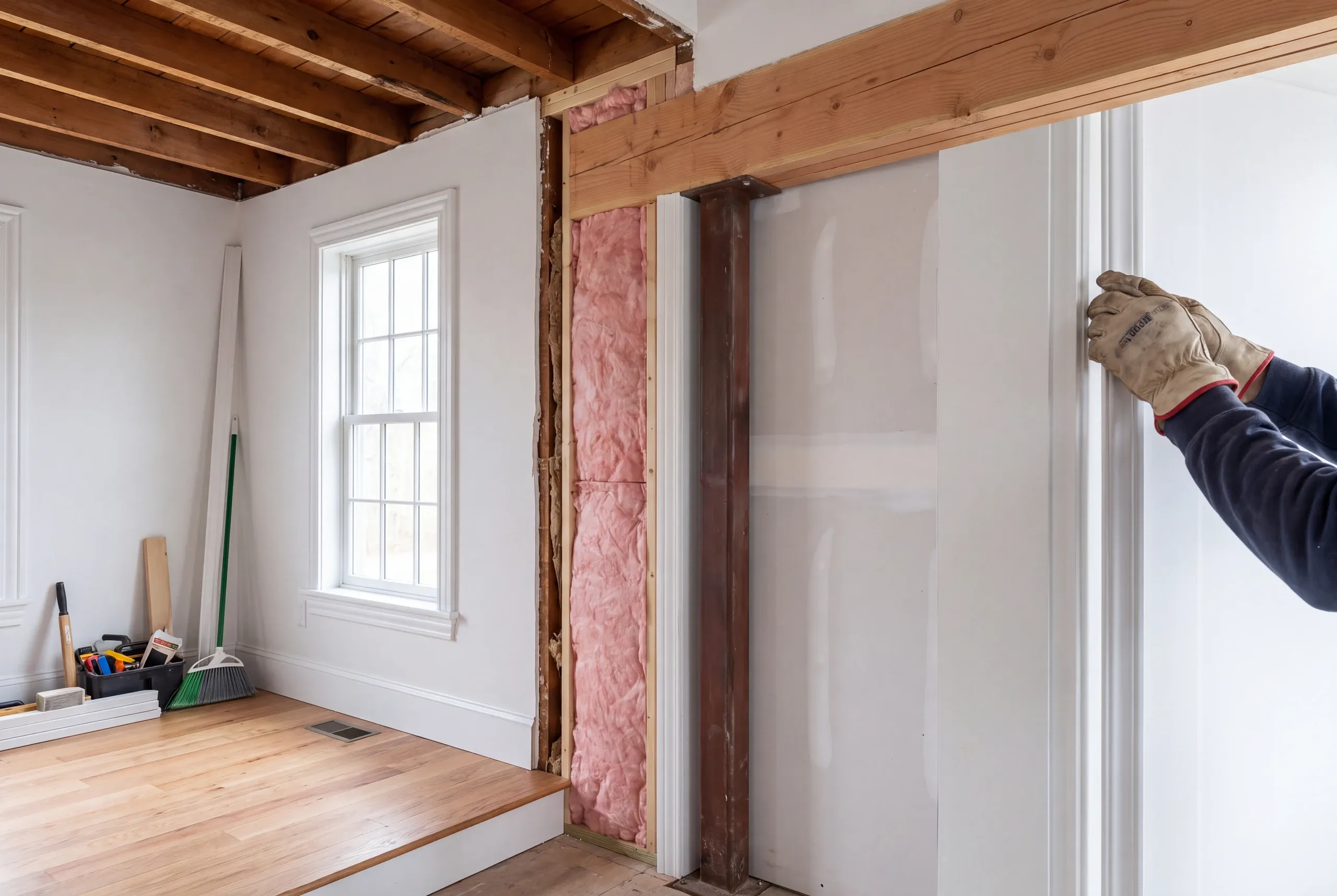Home remodeling contractor Waldoboro Maine: gloved hands placing drywall beside open stud bays with pink insulation and exposed joists