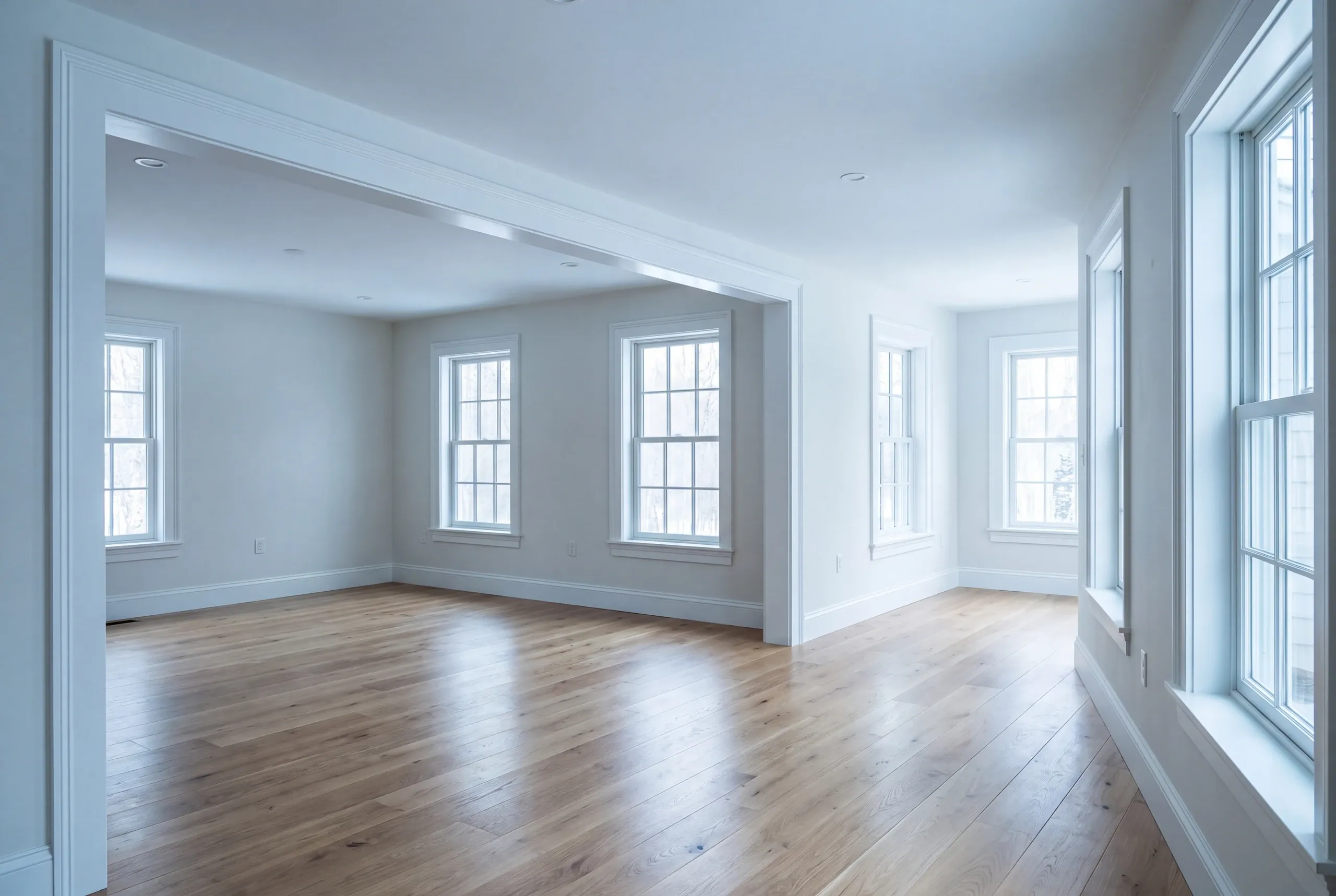 Remodeling company Waldoboro Maine: empty finished rooms joined by a wide cased opening, light oak floor and tall windows