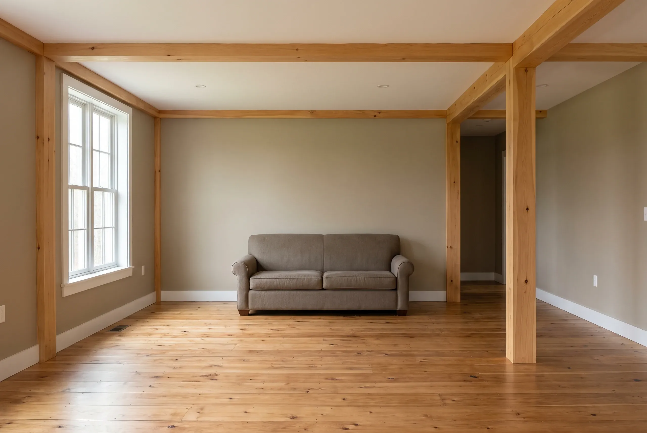 Home remodeling in Warren, ME: remodeled ground-floor room with a timber ceiling beam, double window and refinished pine plank floor.
