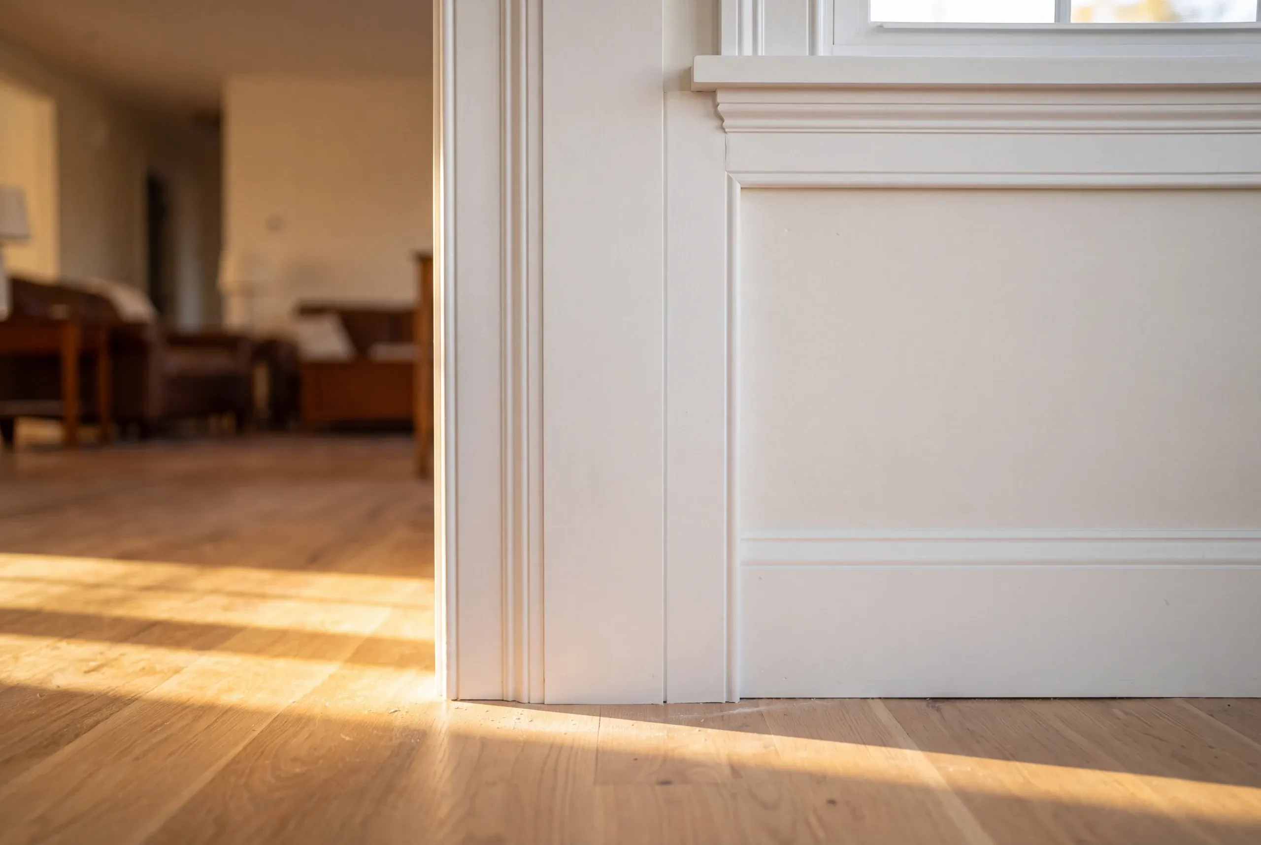 Home renovation contractor Warren Maine: cased doorway with raised panel wainscot and sunlight across an oak floor