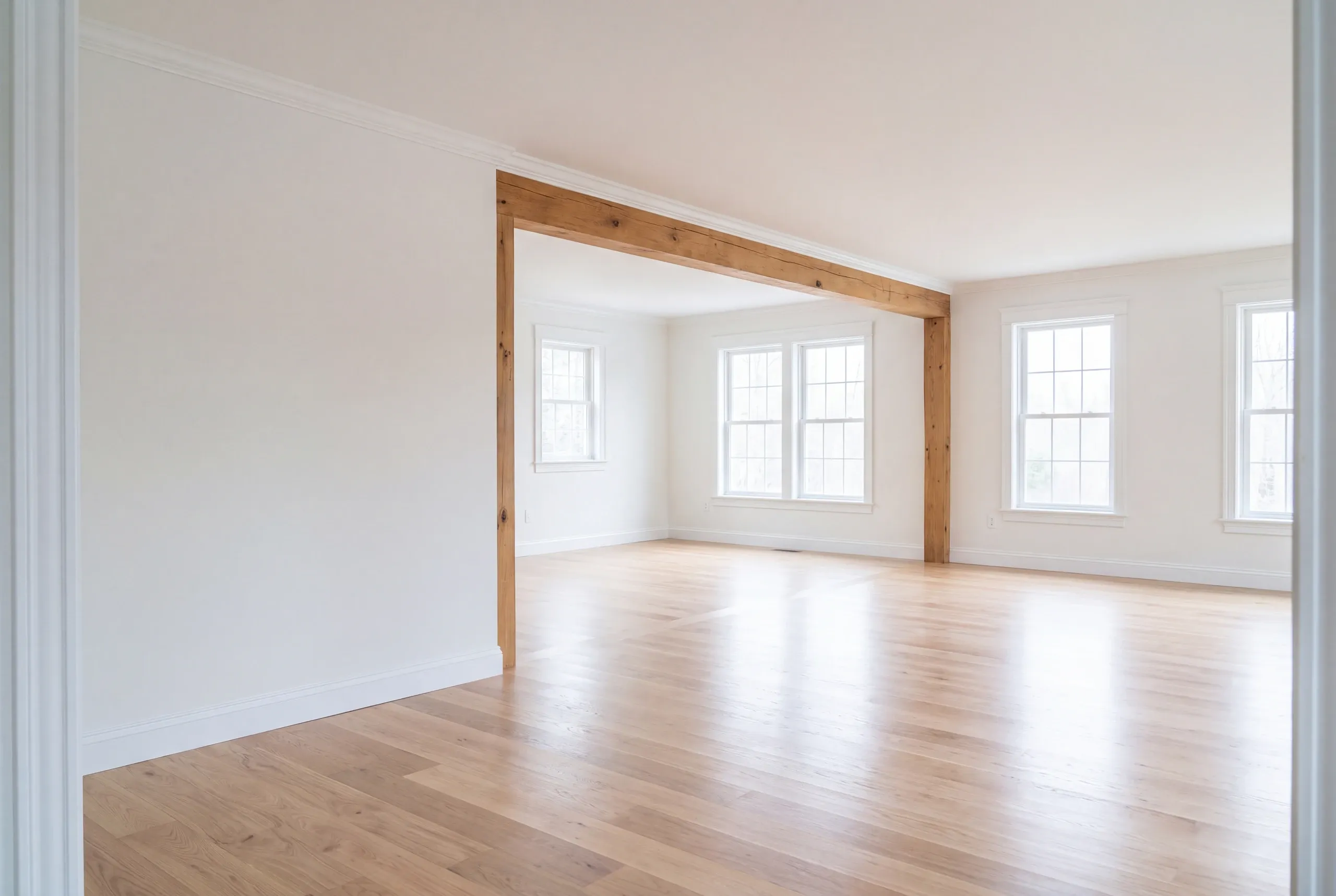 Home renovation contractor Warren Maine: bright white room divided by a timber post and header with light oak floors