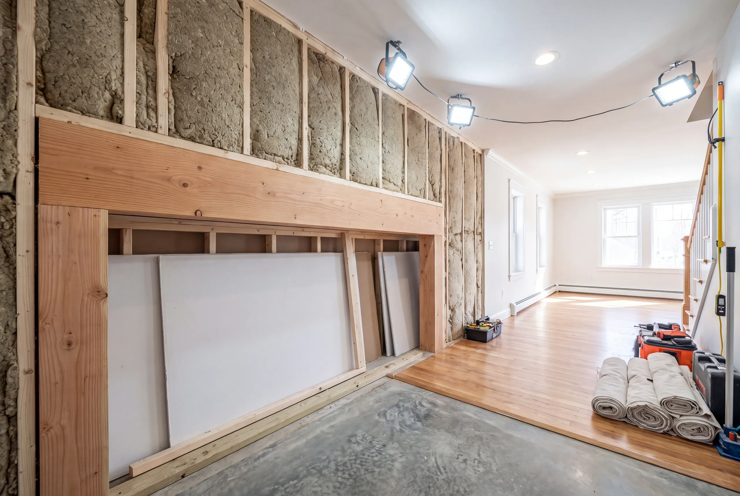 Home remodeling contractor Waterville Maine: open stud wall packed with insulation, new header and drywall sheets under work lights
