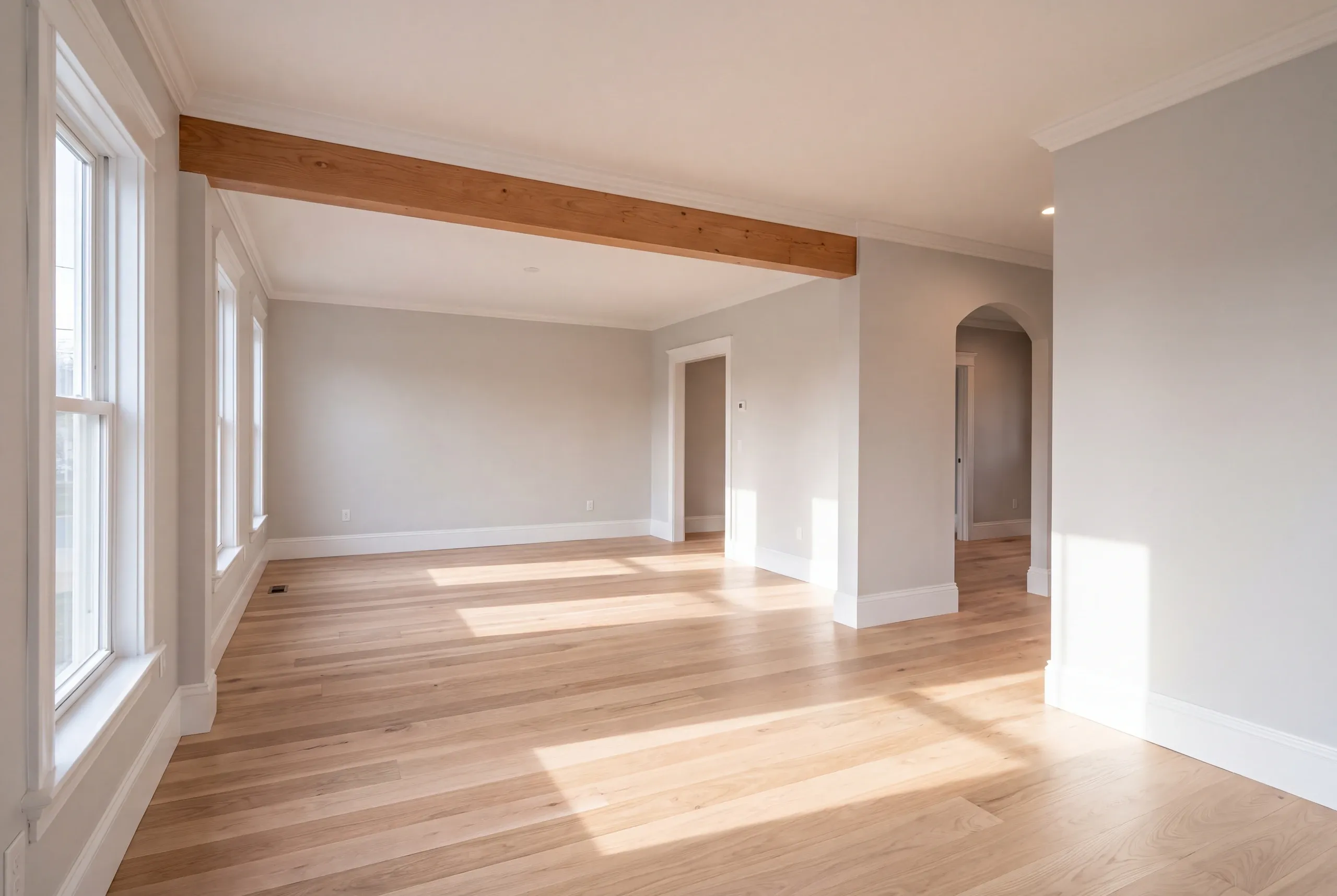 Home renovation contractor Waterville Maine: finished room with a dark wood beam, arched doorway and sunlit light oak floor