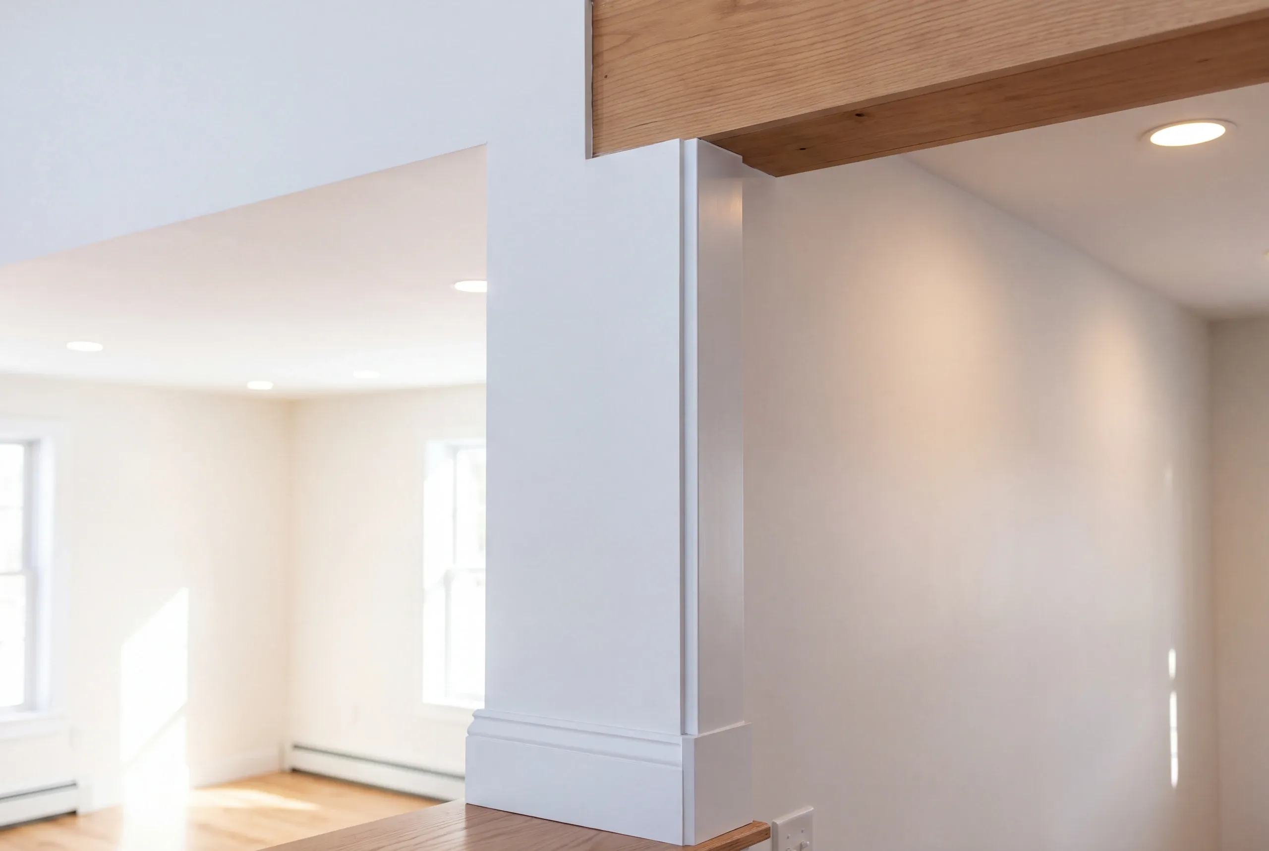 Home renovation contractor Windsor Maine: white rooms joined by a wide opening under a wood beam with recessed ceiling lights