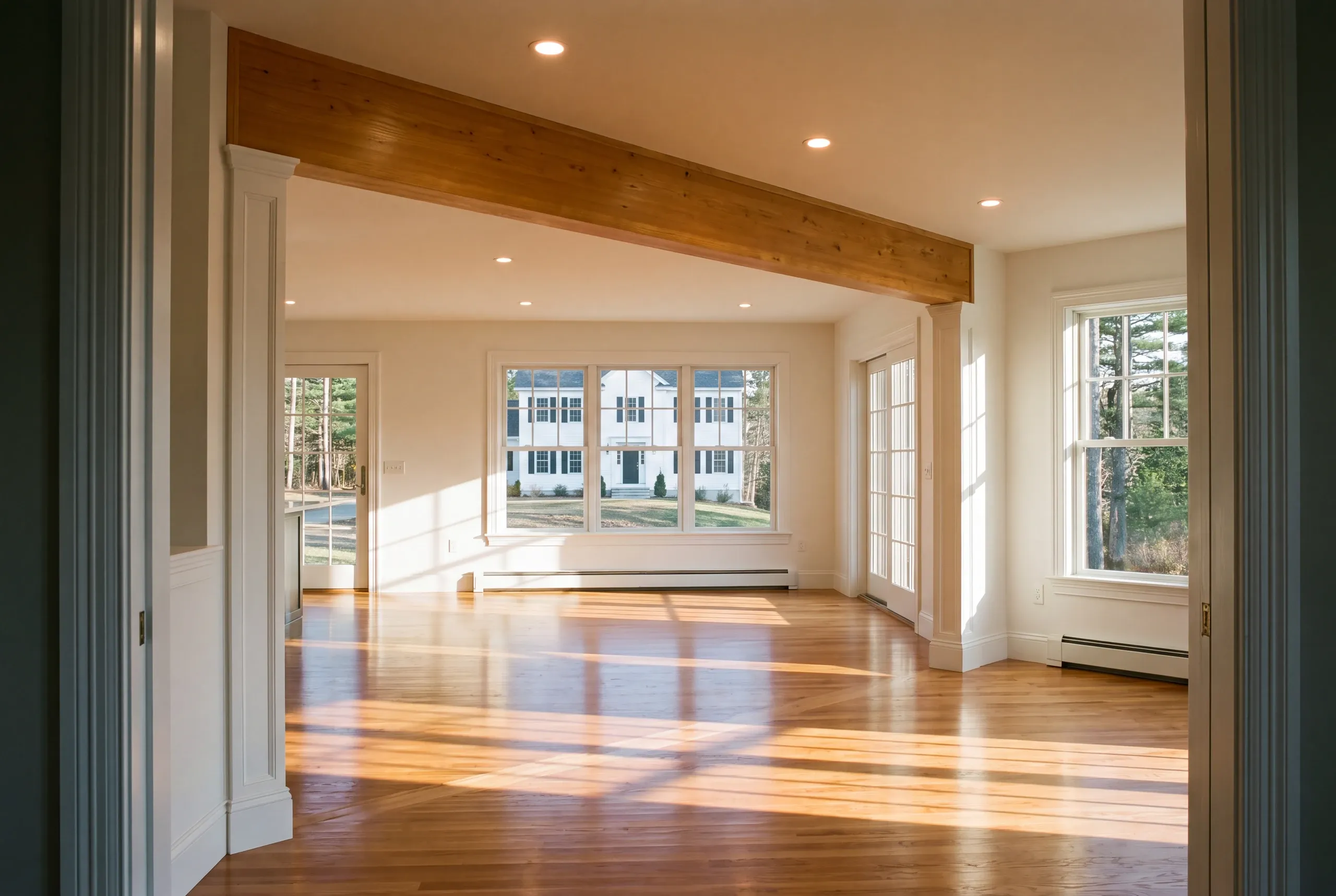 Remodeling company Windsor Maine: view through a doorway to a beamed room with oak floors, French doors and street windows