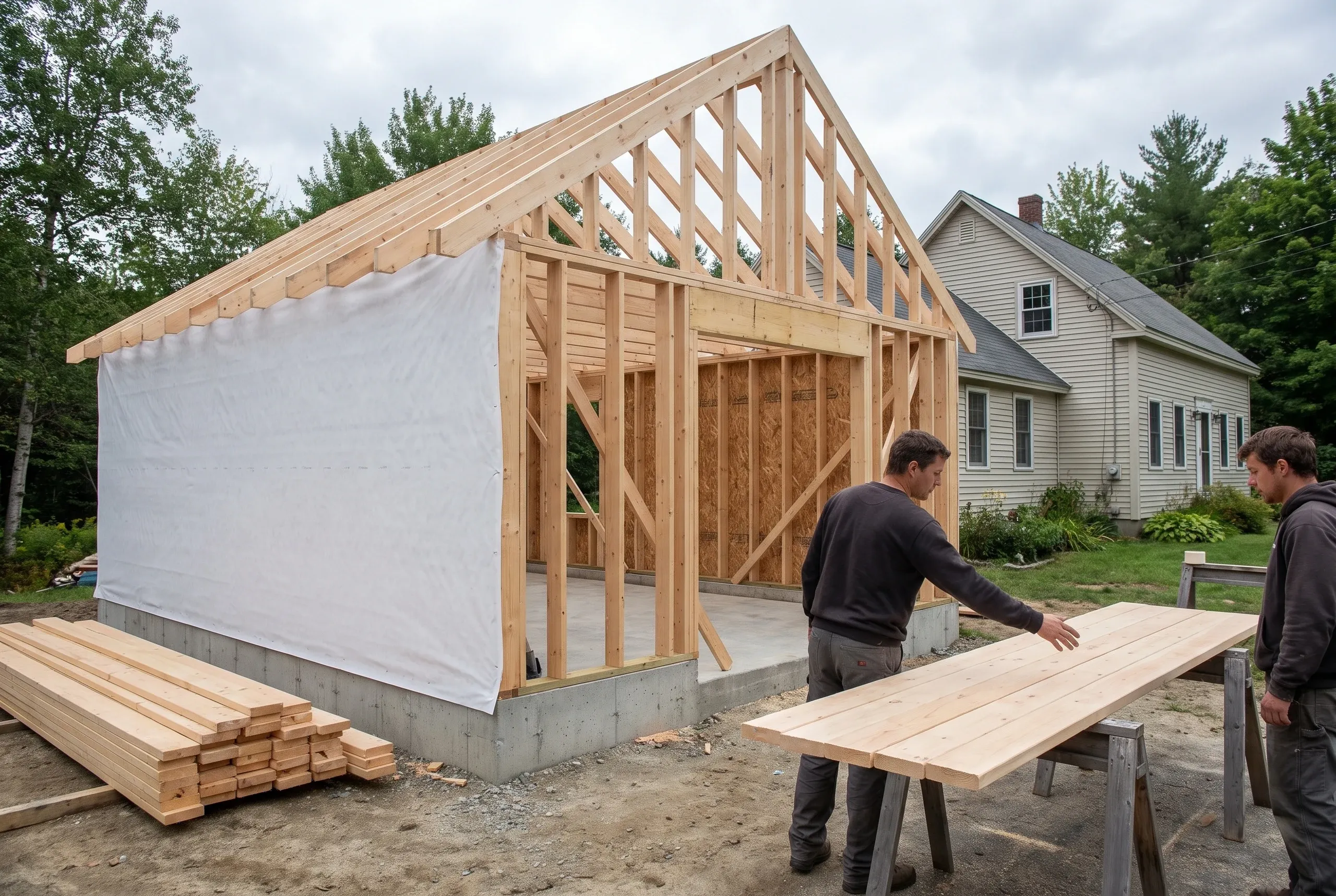 Home remodeling contractor Windsor Maine: new gable frame on a concrete foundation beside a gray cape, two workers at sawhorses