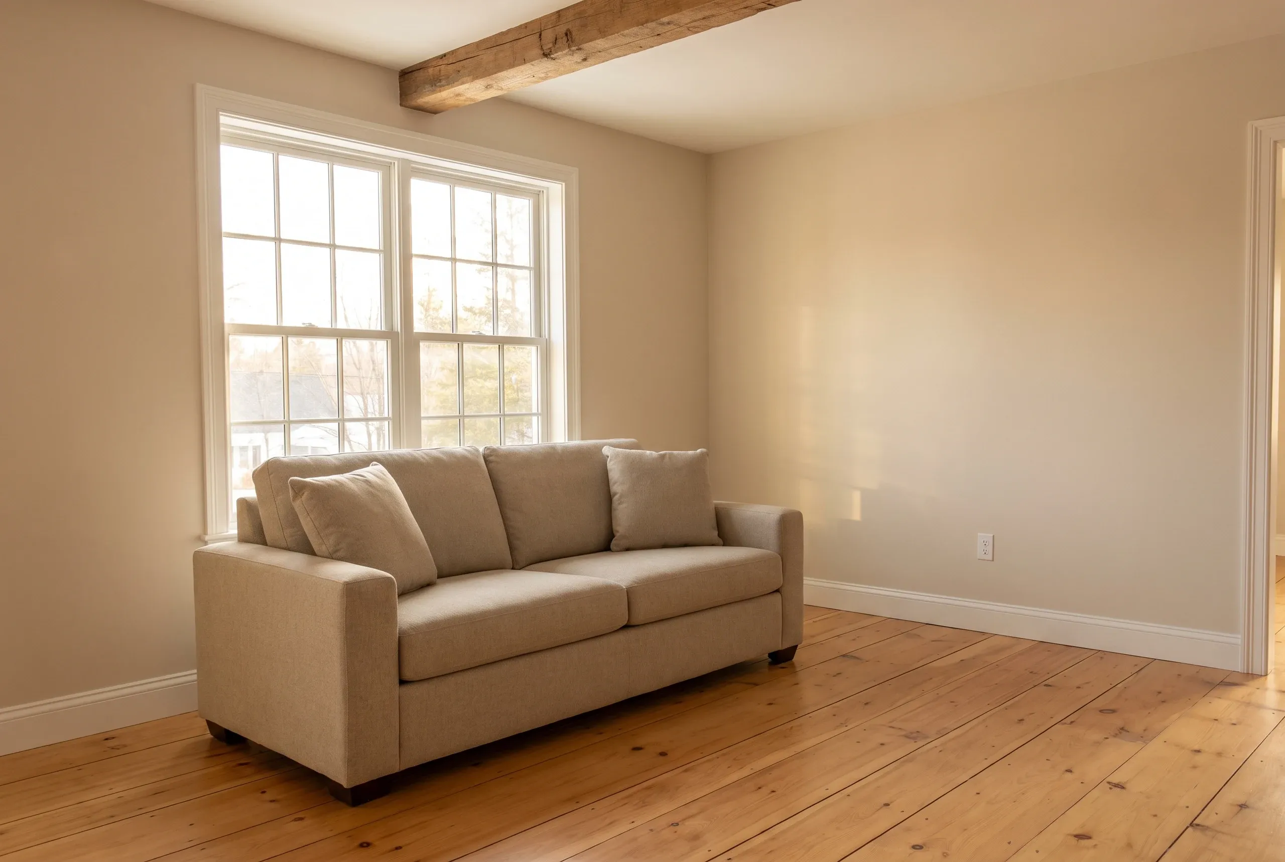 Home remodeling in Winslow, ME: remodeled room with a reclaimed ceiling beam, large divided-light window and refinished pine plank floor.
