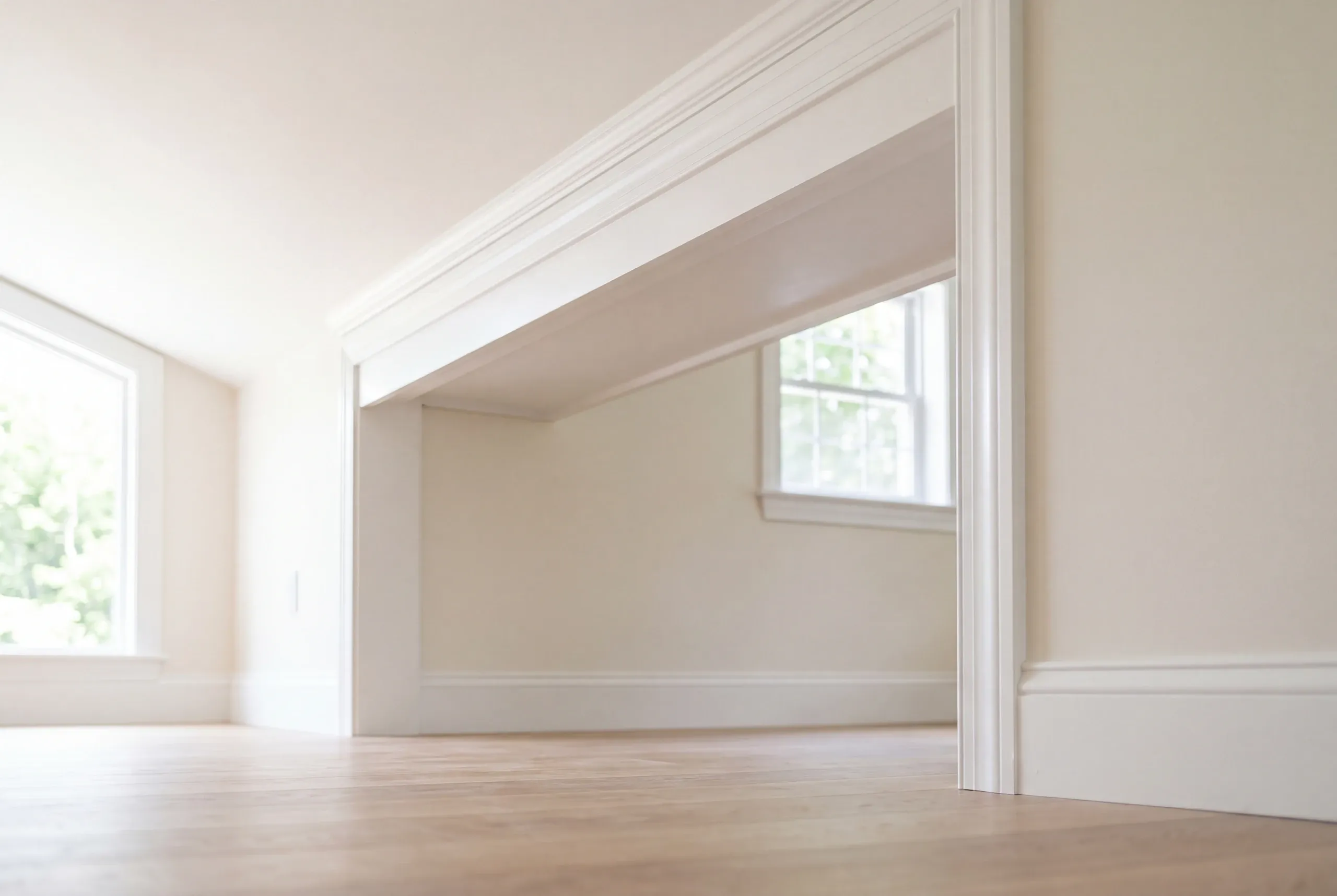 Home renovation contractor Winslow Maine: empty white rooms joined by a wide opening with crown trim and a sloped ceiling