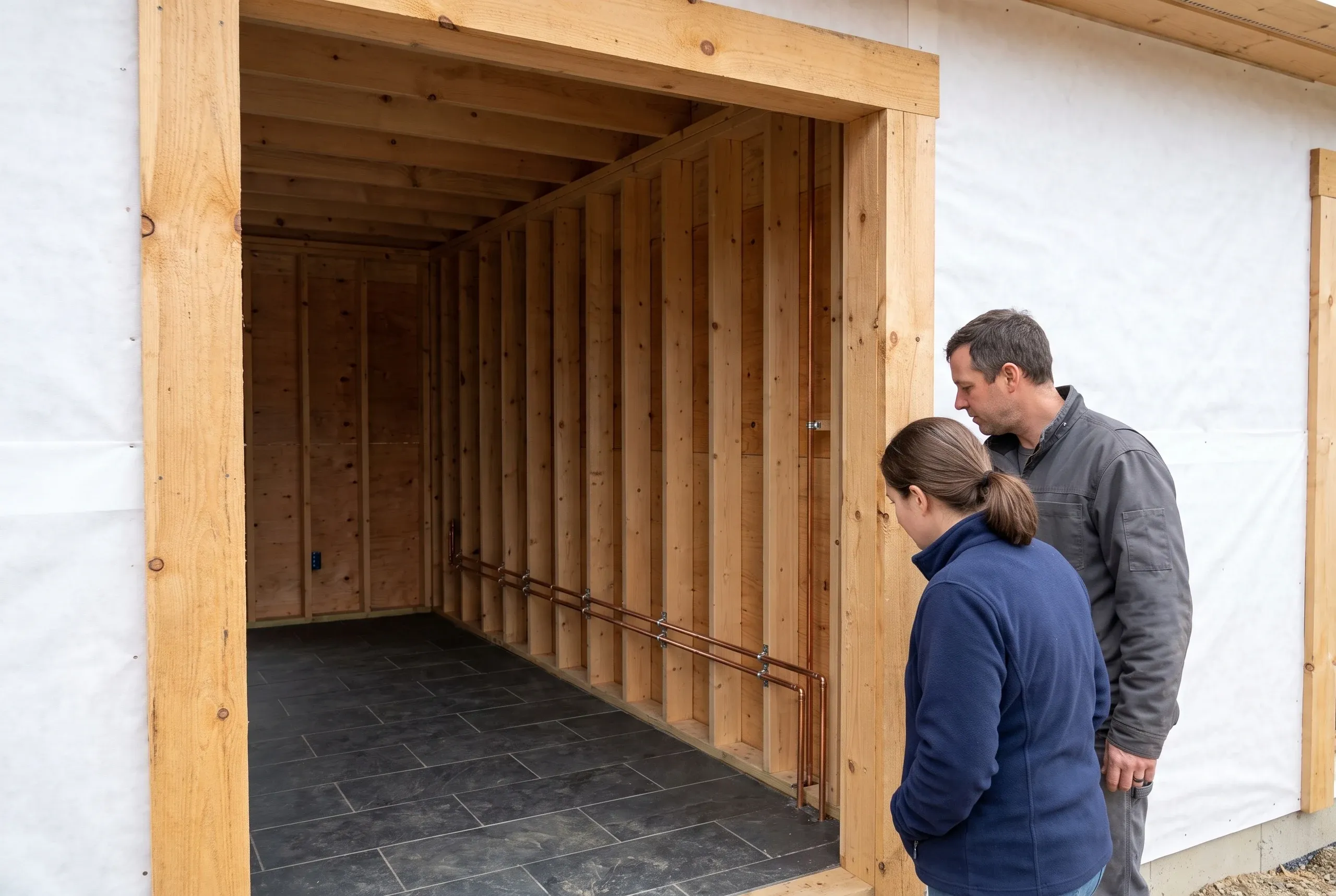 Remodeling company Winslow Maine: two people looking into a framed room with copper water lines on the studs and a dark tile floor