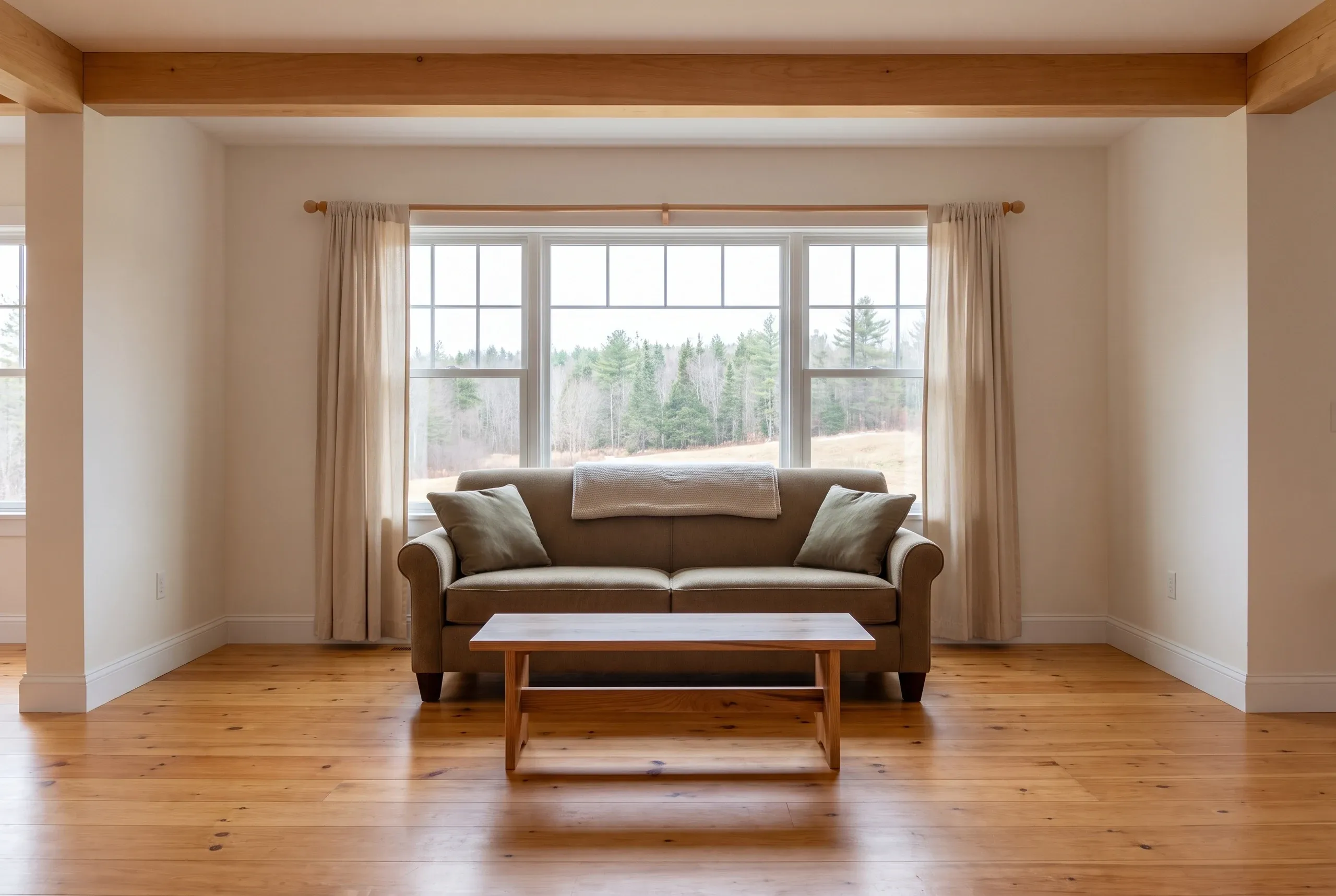 Home remodeling contractor Winslow Maine: finished living room with a wood beam on posts, wide pine floors and a triple window