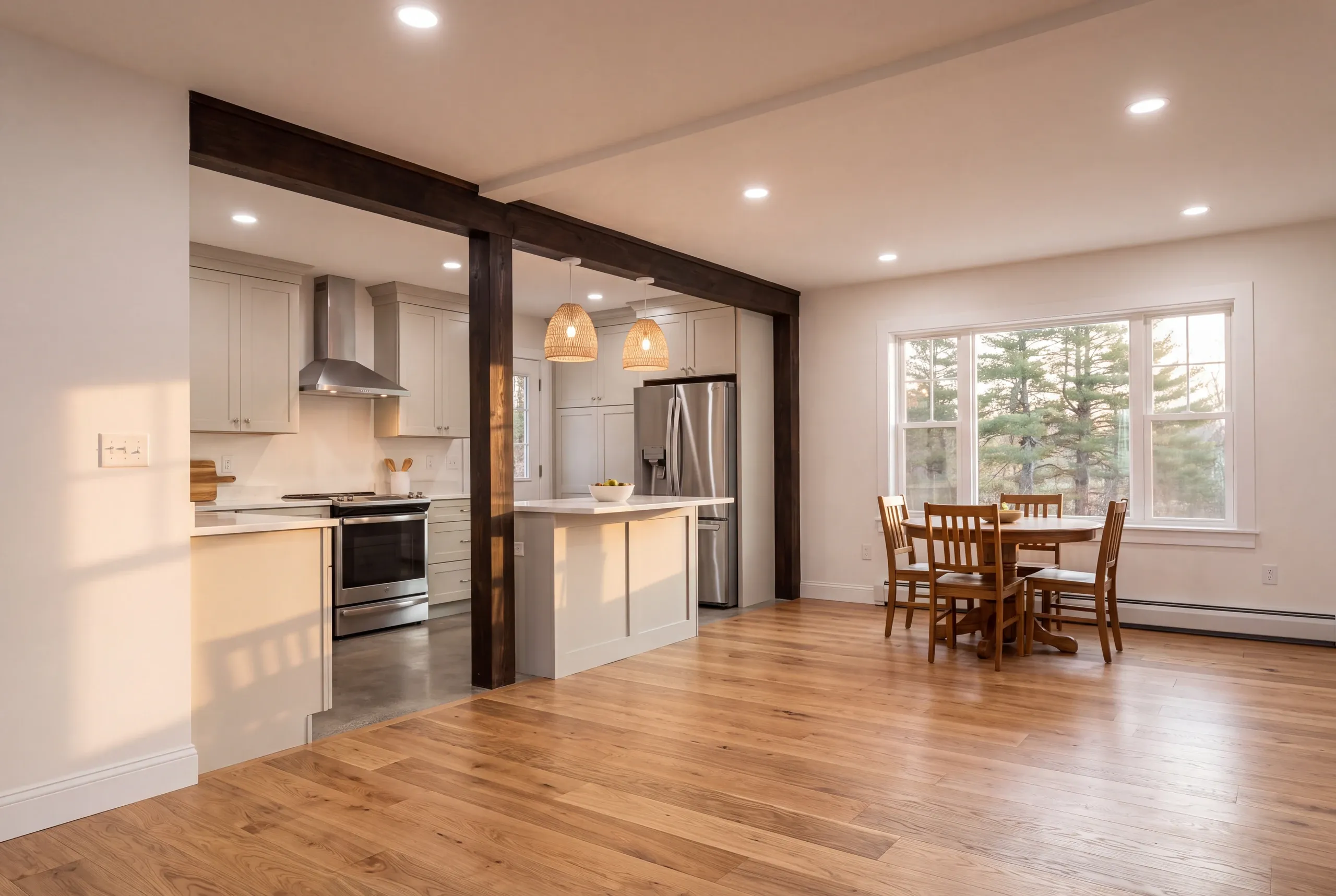 Home renovation contractor Winslow Maine: open kitchen and dining area with gray shaker cabinets, island, steel appliances and oak floors