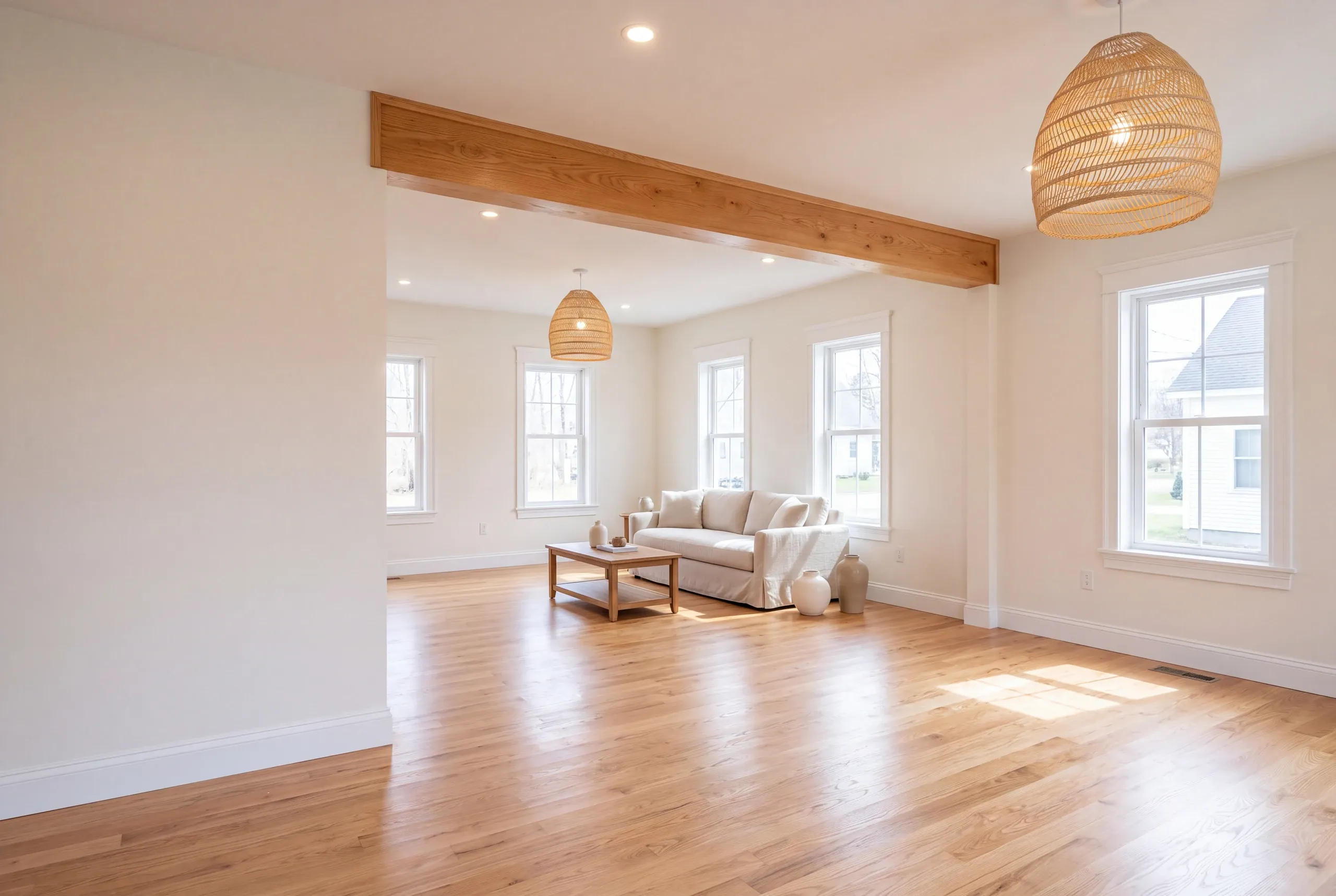 Remodeling company Winslow Maine: living room with a wood beam, woven pendant lights, sofa and light oak floors
