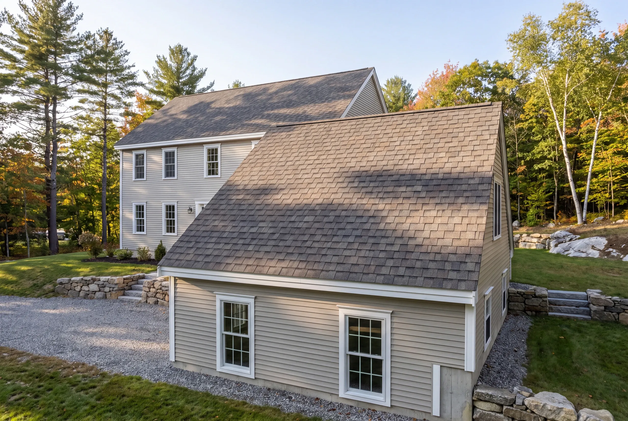 Roofing contractor in Augusta, ME: gray-sided colonial with a story-and-a-half attached section, shingle roof and gravel drive
