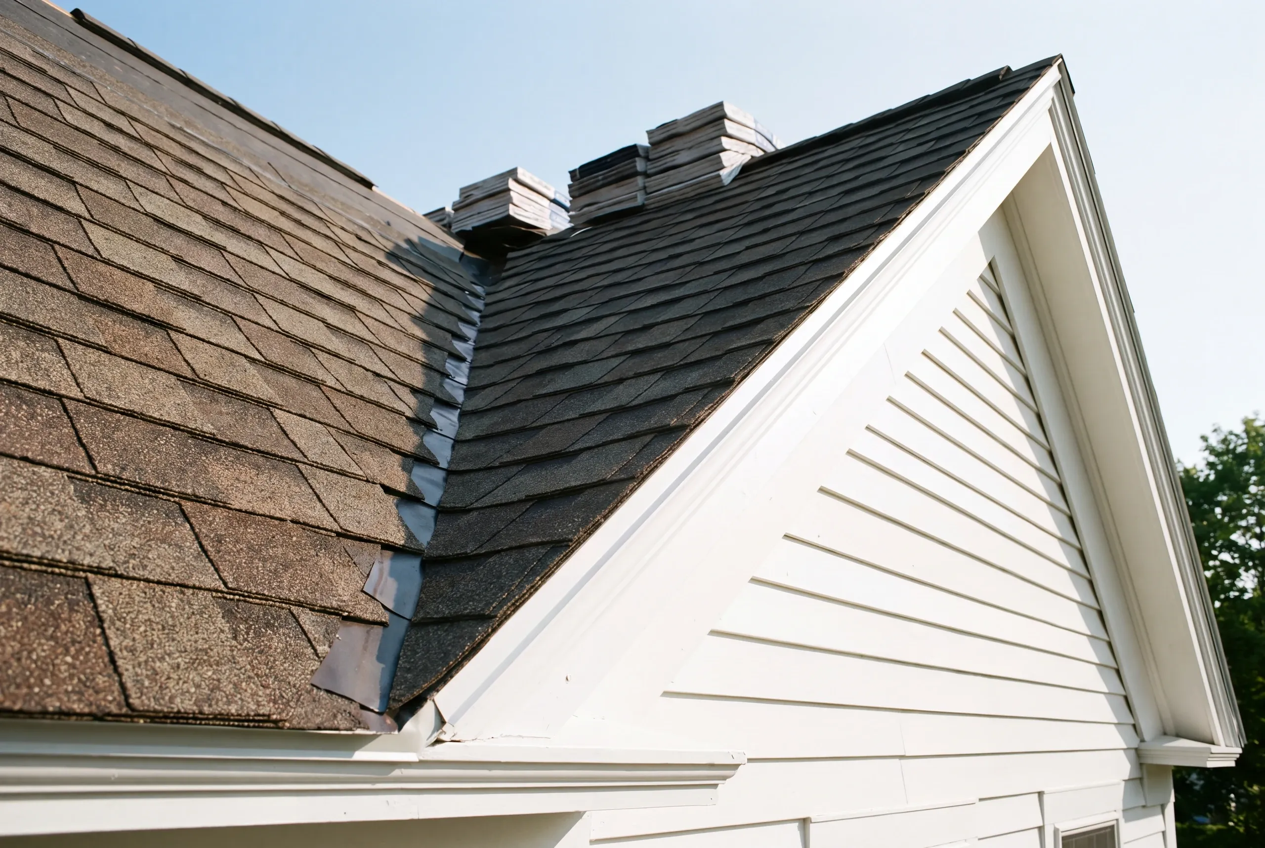 Roofing contractor Augusta Maine: roof valley where new dark shingles meet older tan shingles, with bundles at the ridge