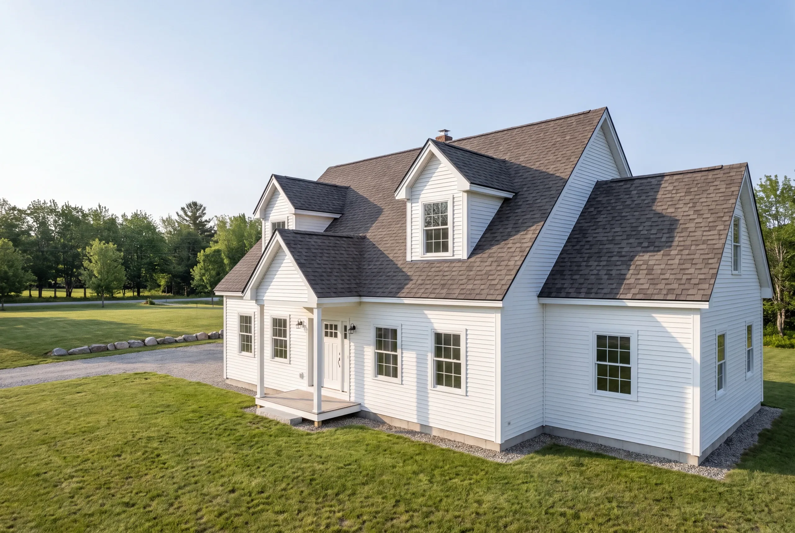 Roof replacement contractor Augusta Maine: white cape with gable dormers, a small entry porch and a side section on a mown lawn