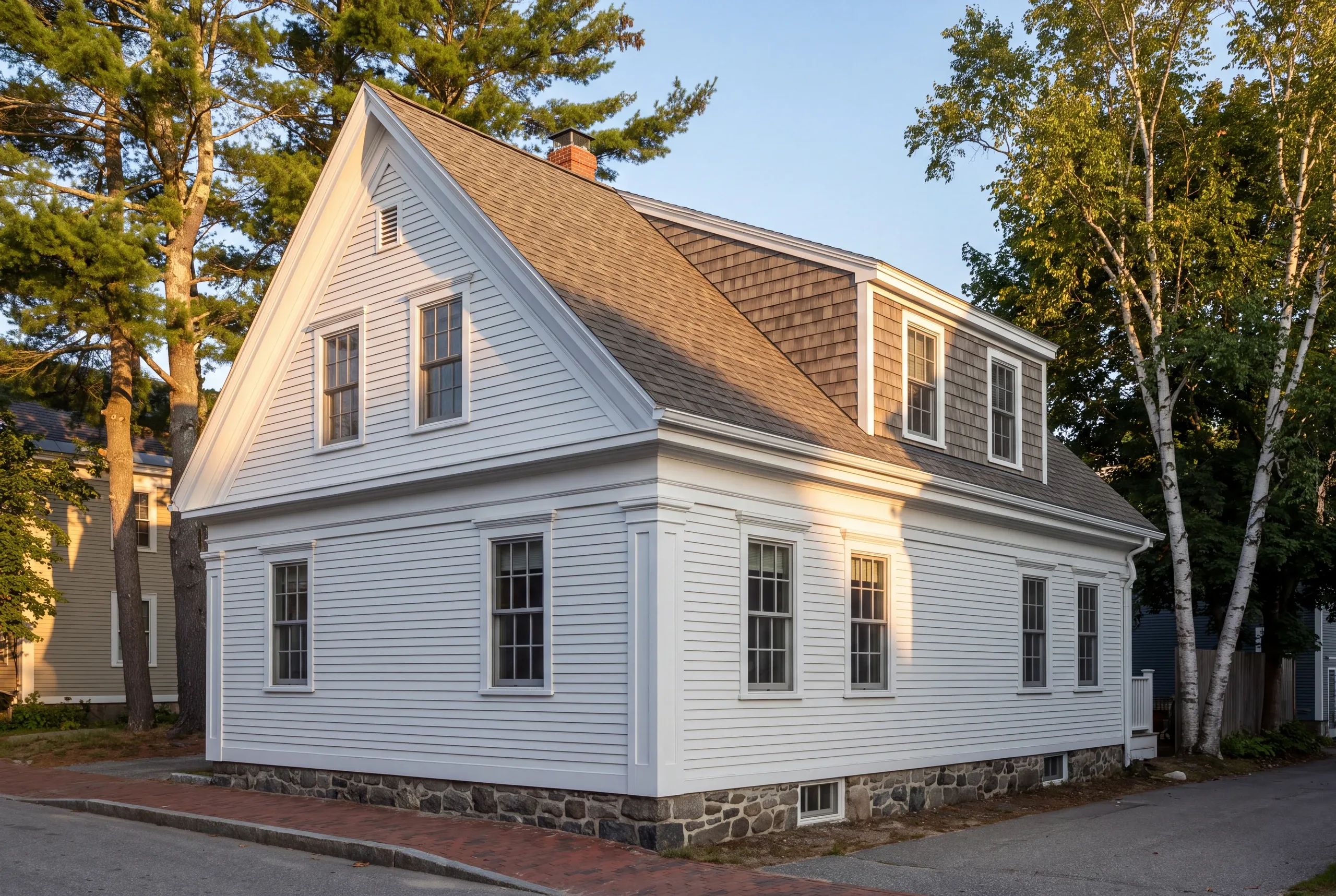 Roof replacement contractor Bath Maine: white two-story gable-front house with fieldstone foundation and dark shingle roof